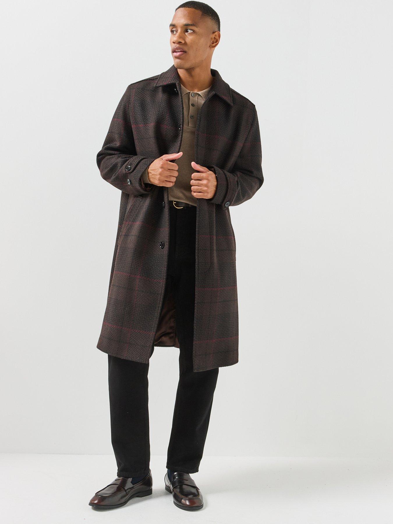 Image 1 of 6 of HUGO Mens Mettos2641 Check Longline Overcoat - Brown