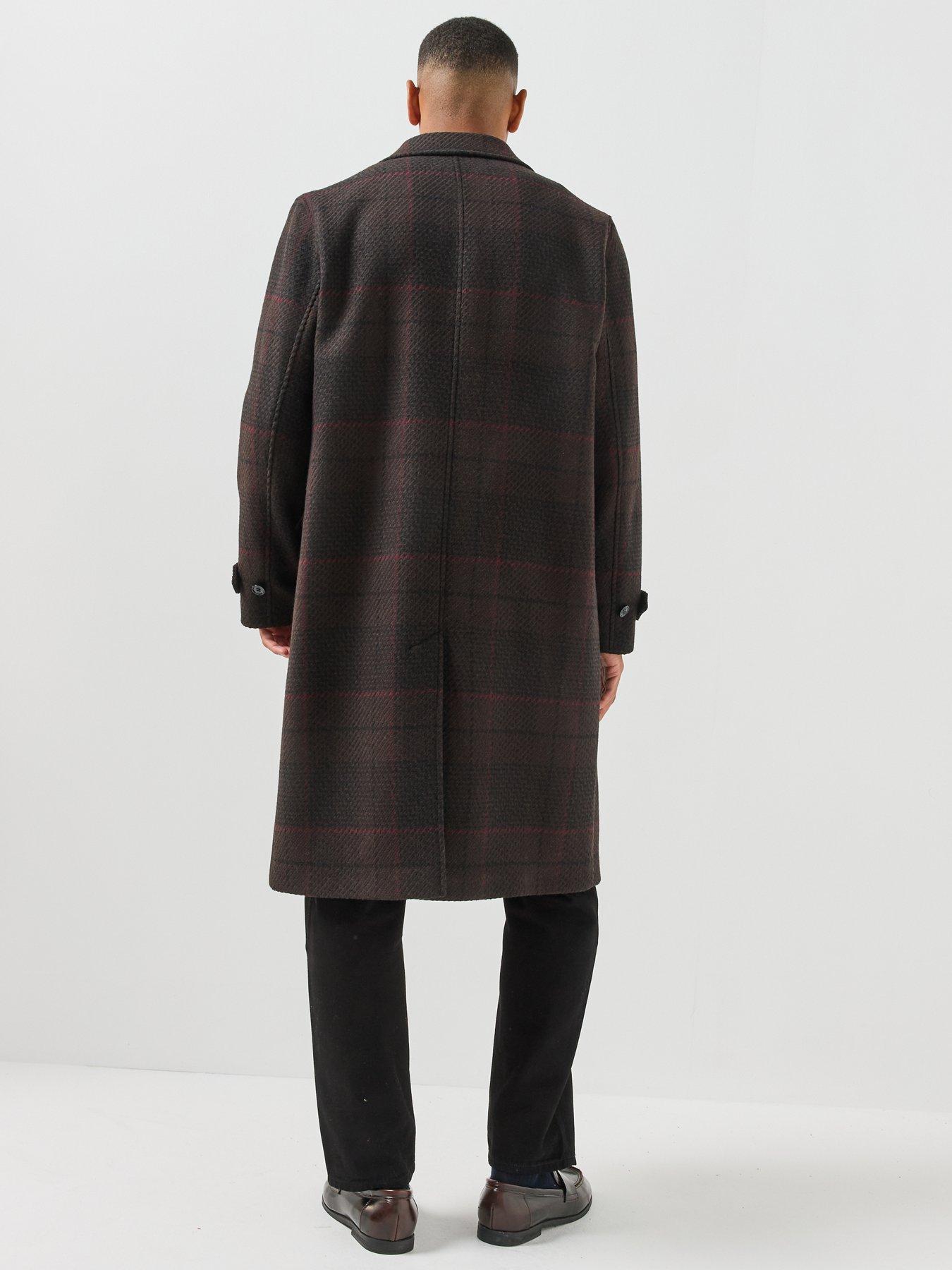 Image 2 of 6 of HUGO Mens Mettos2641 Check Longline Overcoat - Brown