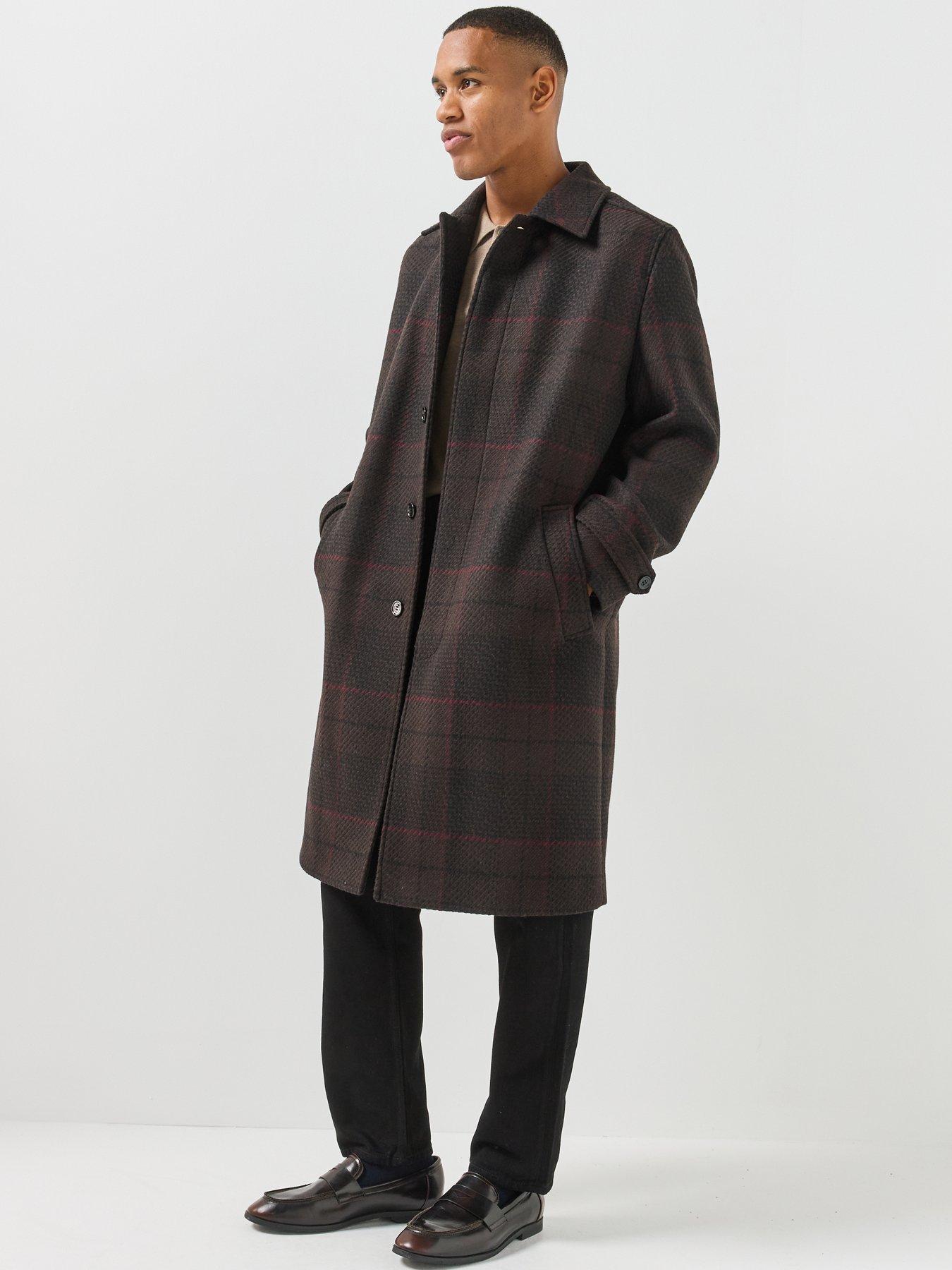 Image 3 of 6 of HUGO Mens Mettos2641 Check Longline Overcoat - Brown