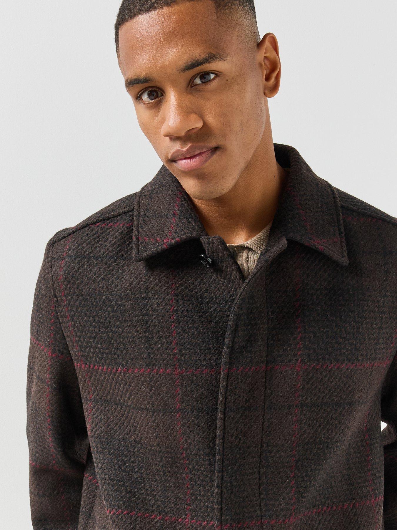Image 4 of 6 of HUGO Mens Mettos2641 Check Longline Overcoat - Brown