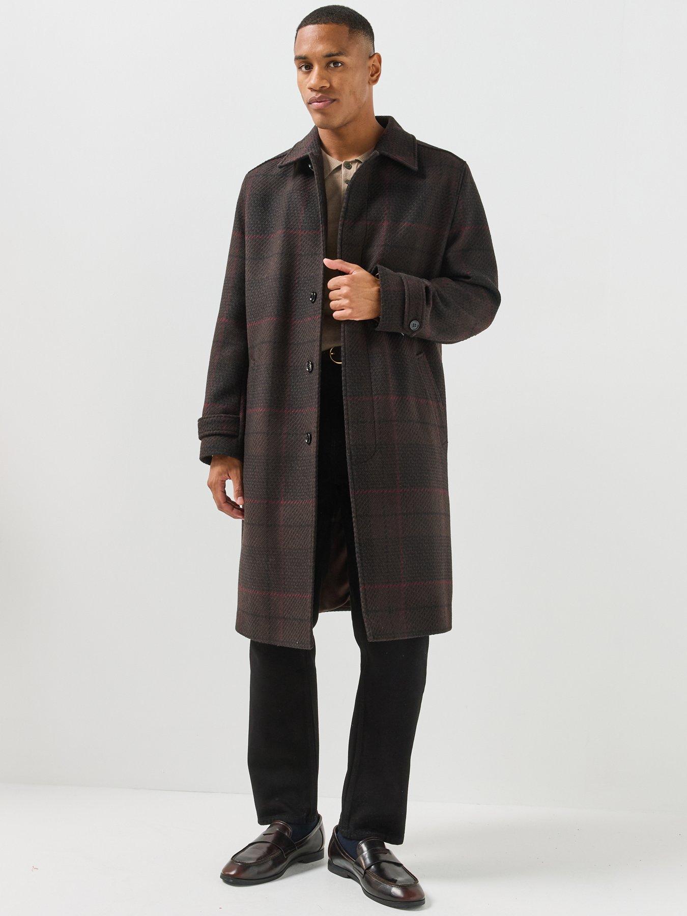 Image 5 of 6 of HUGO Mens Mettos2641 Check Longline Overcoat - Brown