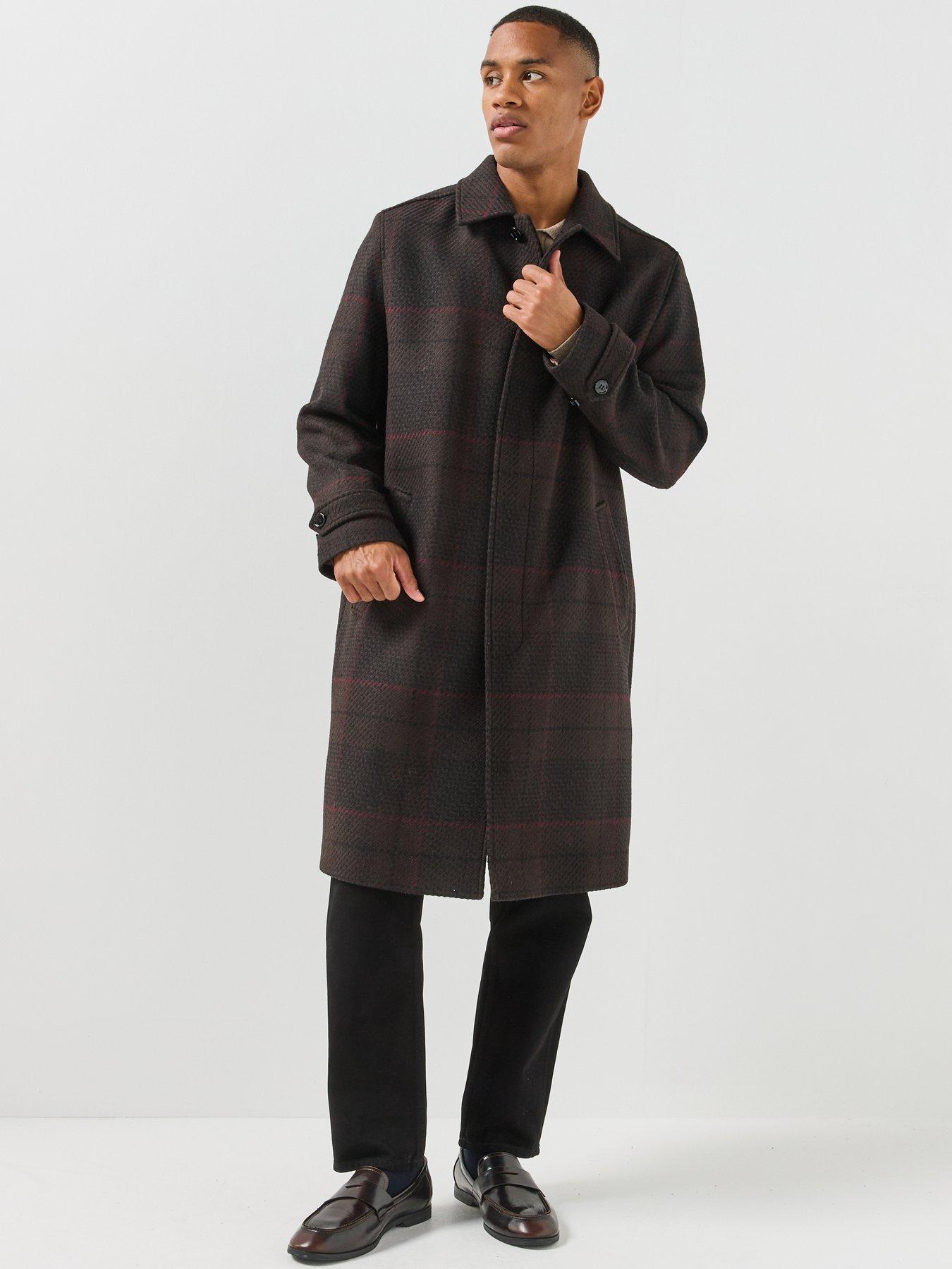 Image 6 of 6 of HUGO Mens Mettos2641 Check Longline Overcoat - Brown