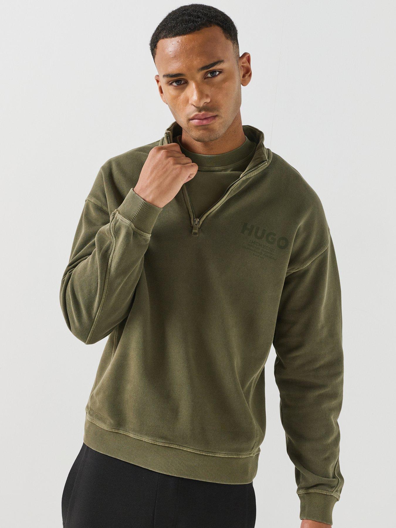 Image 1 of 6 of HUGO Mens Blue Nevecrew Loose Fit Zip Neck Sweatshirt - Dark Green