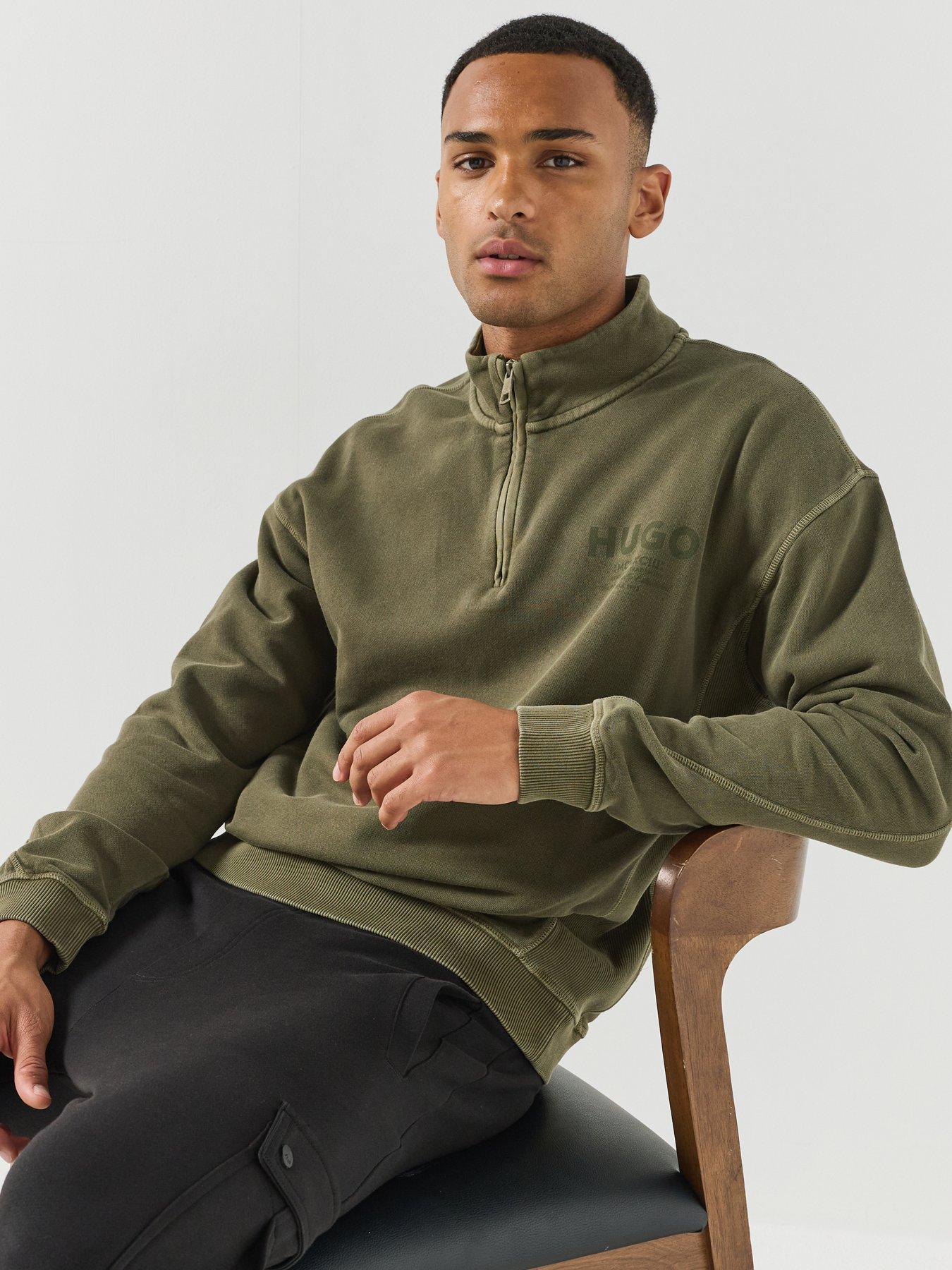 Image 4 of 6 of HUGO Mens Blue Nevecrew Loose Fit Zip Neck Sweatshirt - Dark Green