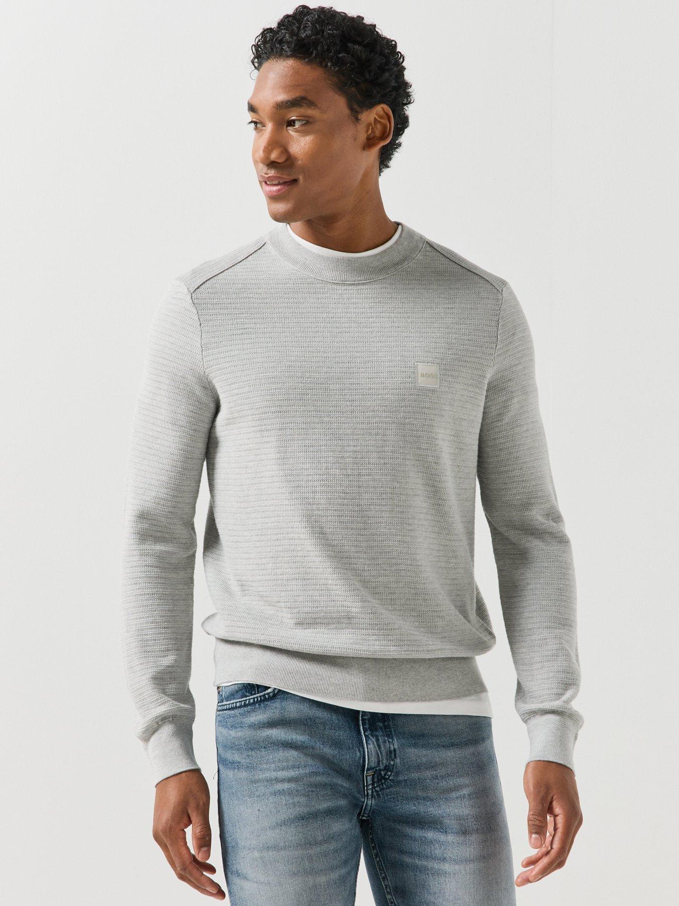 Image 1 of 6 of BOSS Mens Anion Regular Fit Waffle Crew Knitted Jumper - Light Grey