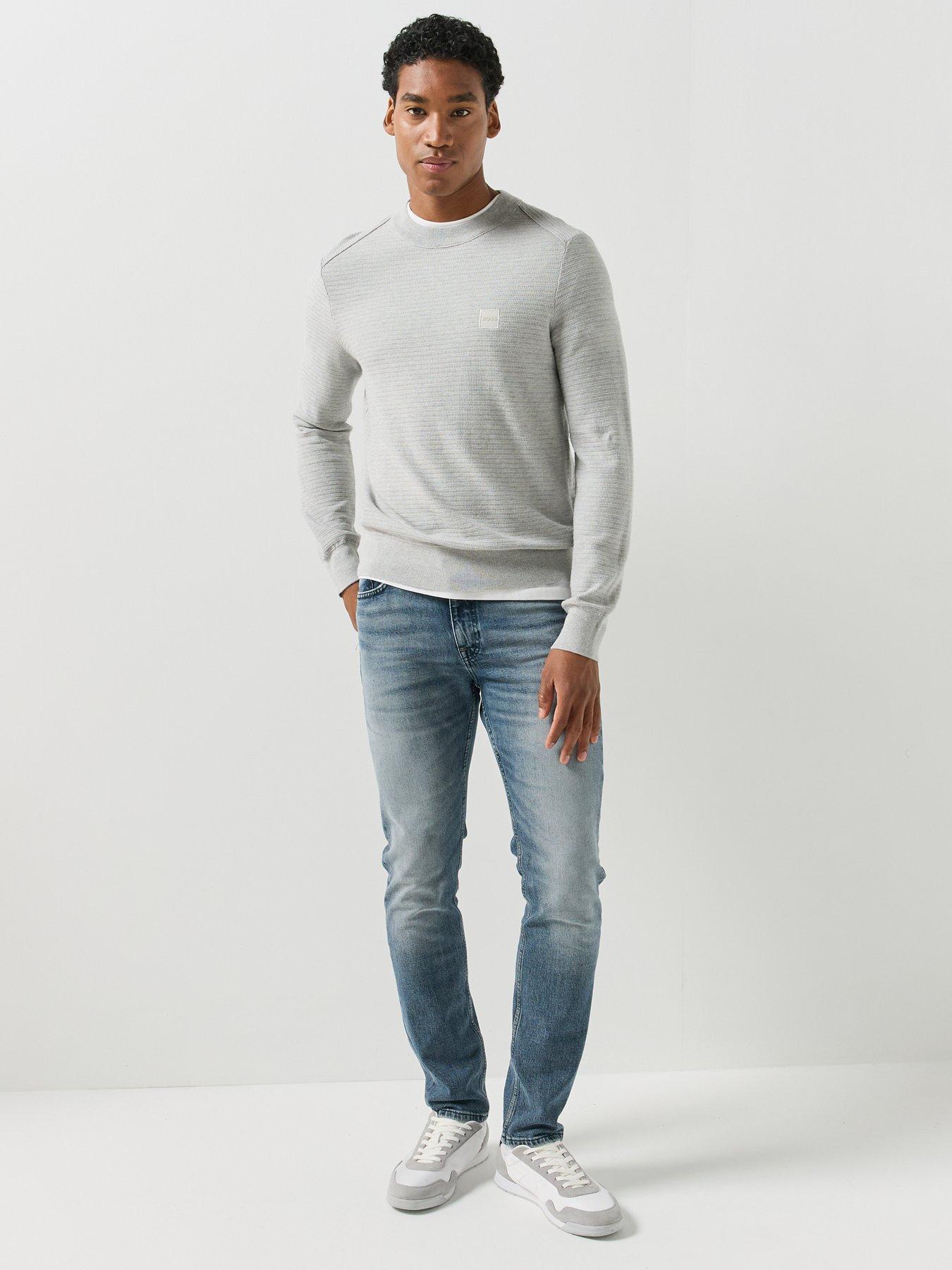 Image 3 of 6 of BOSS Mens Anion Regular Fit Waffle Crew Knitted Jumper - Light Grey
