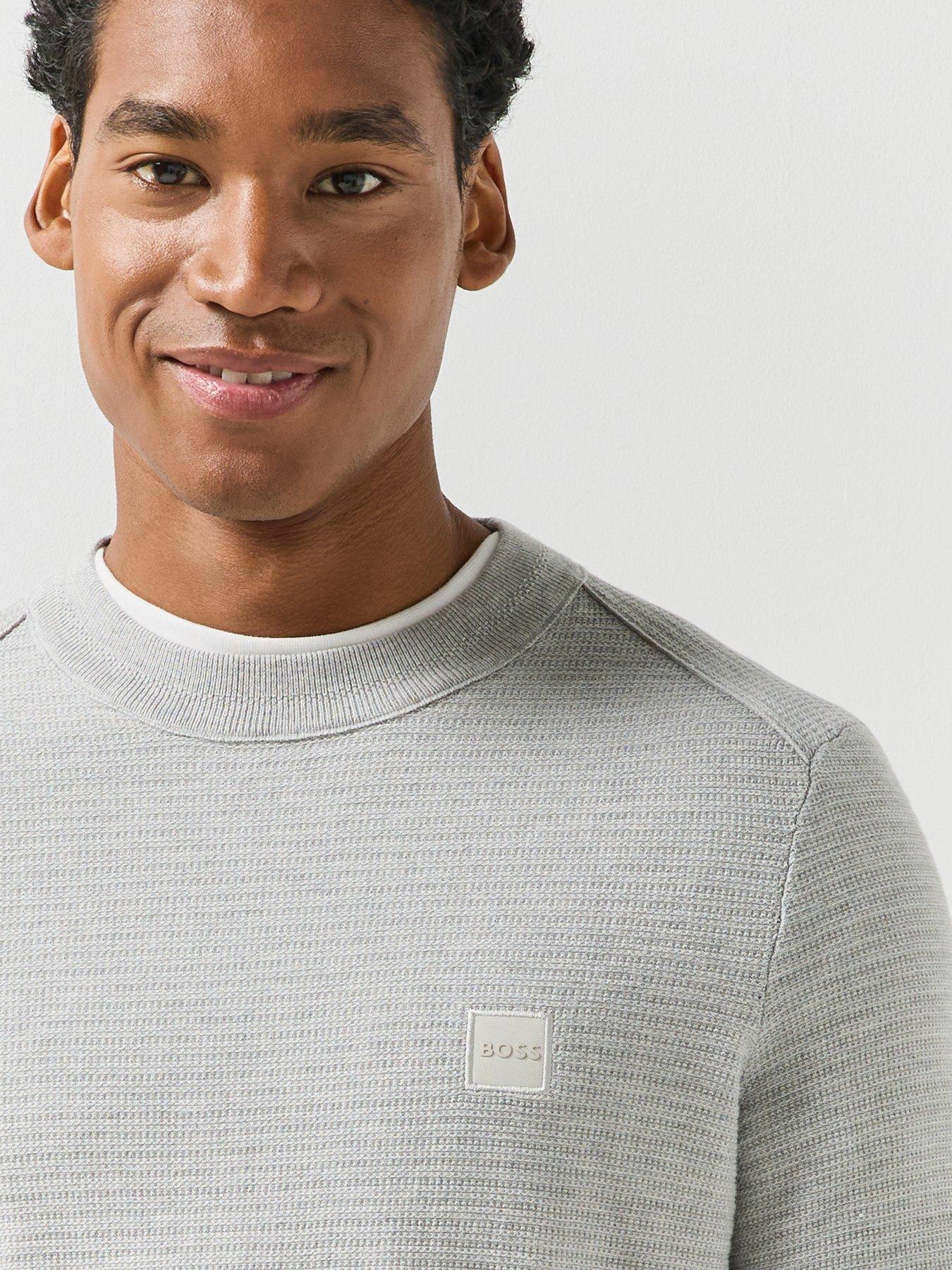 Image 4 of 6 of BOSS Mens Anion Regular Fit Waffle Crew Knitted Jumper - Light Grey