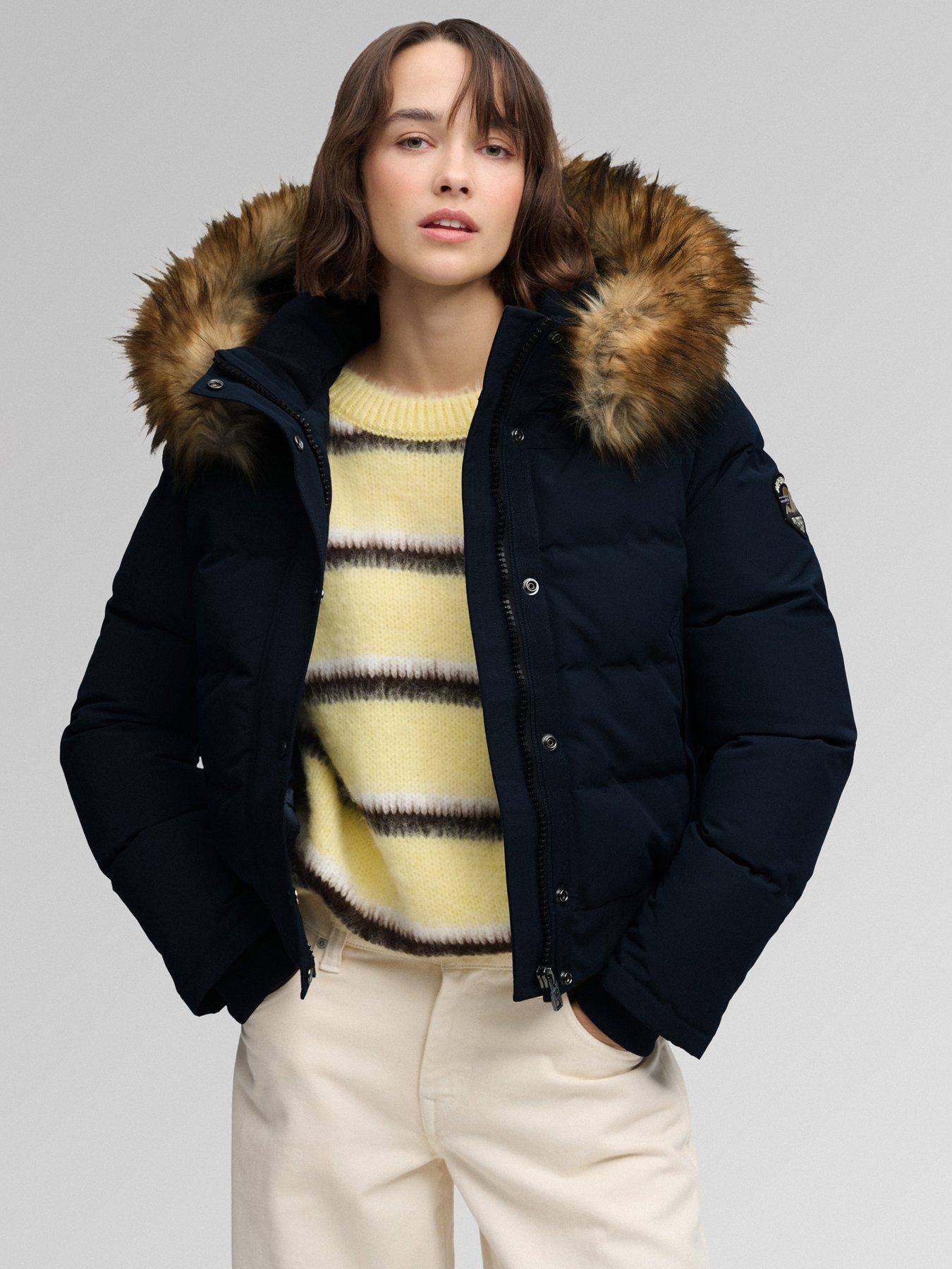 Image 1 of 7 of Superdry Womens Everest Hooded Faux Fur-Trim Bomber Jacket - Blue