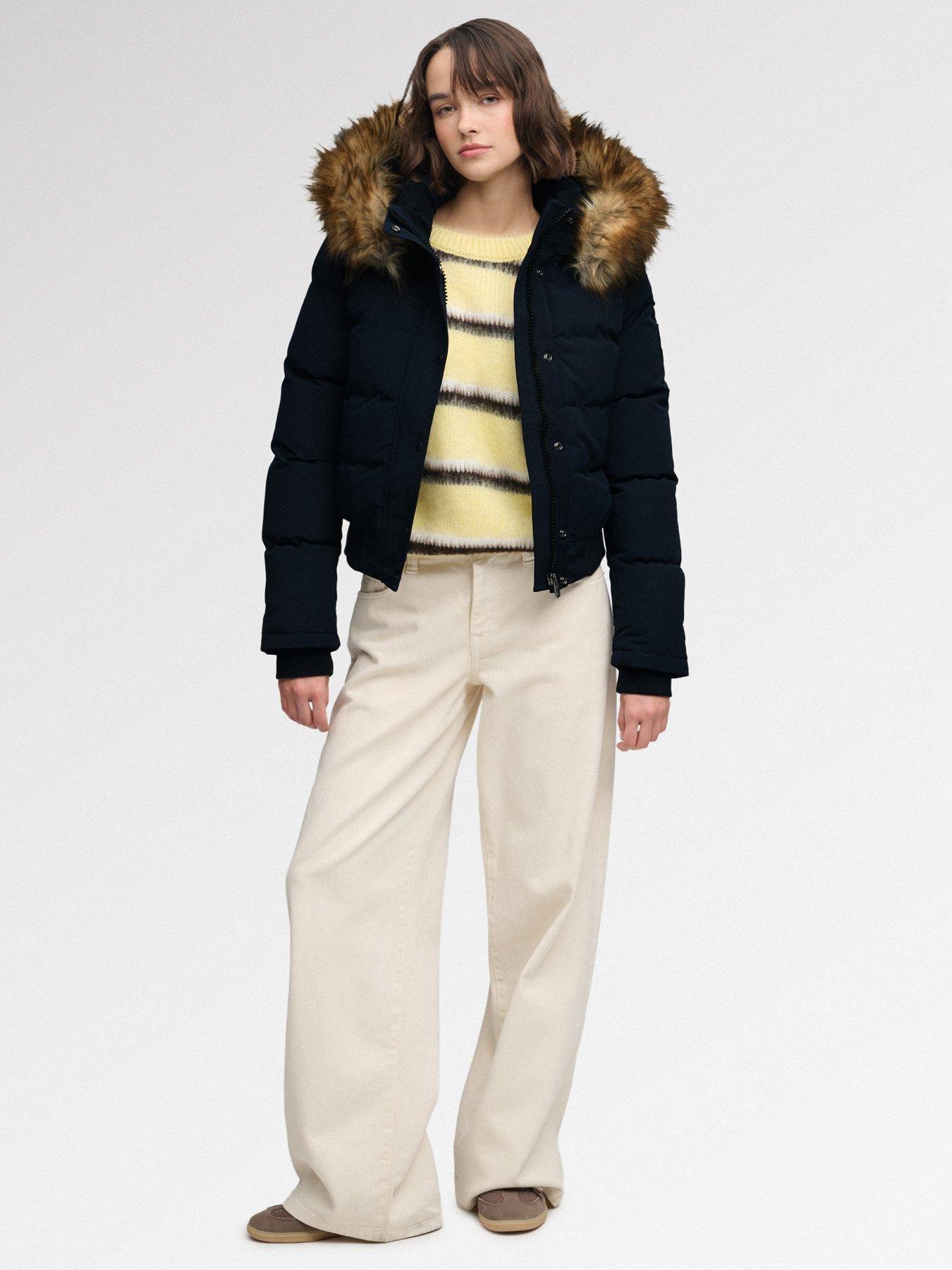 Image 3 of 7 of Superdry Womens Everest Hooded Faux Fur-Trim Bomber Jacket - Blue