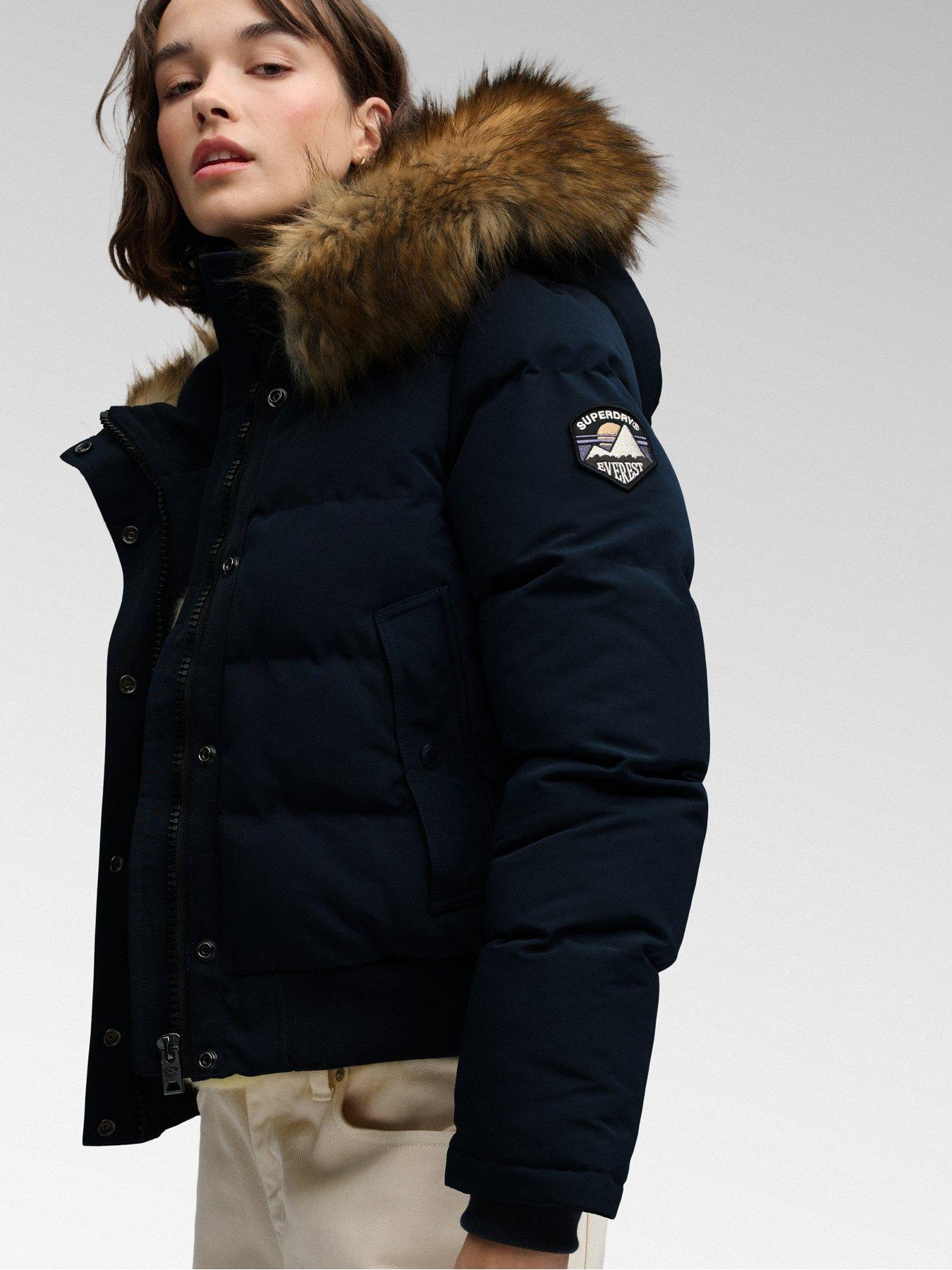 Image 4 of 7 of Superdry Womens Everest Hooded Faux Fur-Trim Bomber Jacket - Blue