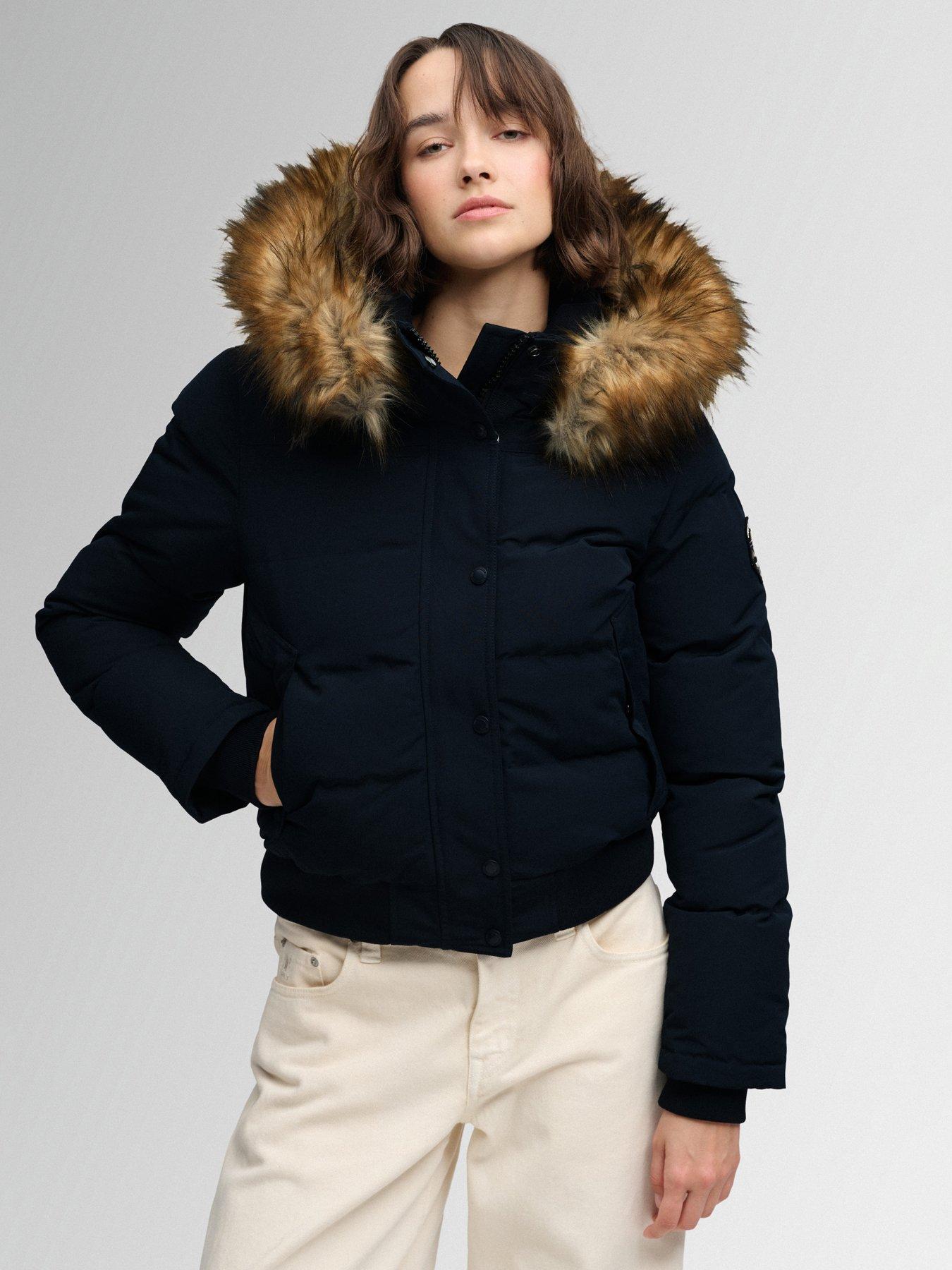 Image 5 of 7 of Superdry Womens Everest Hooded Faux Fur-Trim Bomber Jacket - Blue