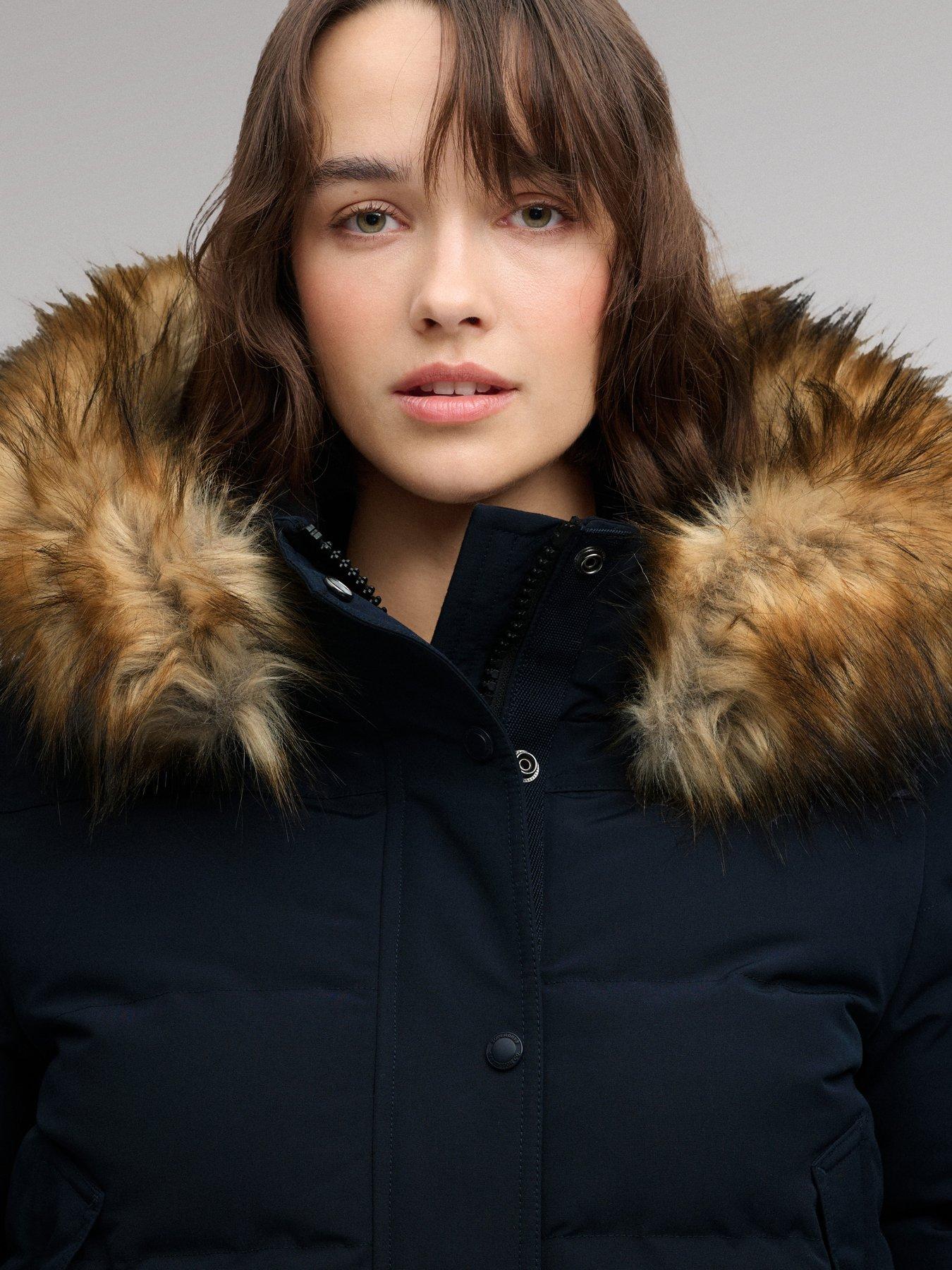 Image 6 of 7 of Superdry Womens Everest Hooded Faux Fur-Trim Bomber Jacket - Blue