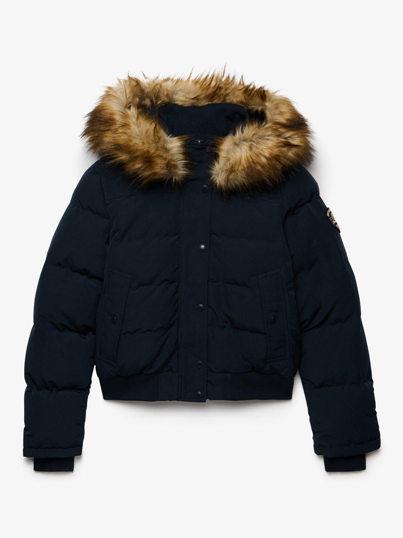 Image 7 of 7 of Superdry Womens Everest Hooded Faux Fur-Trim Bomber Jacket - Blue