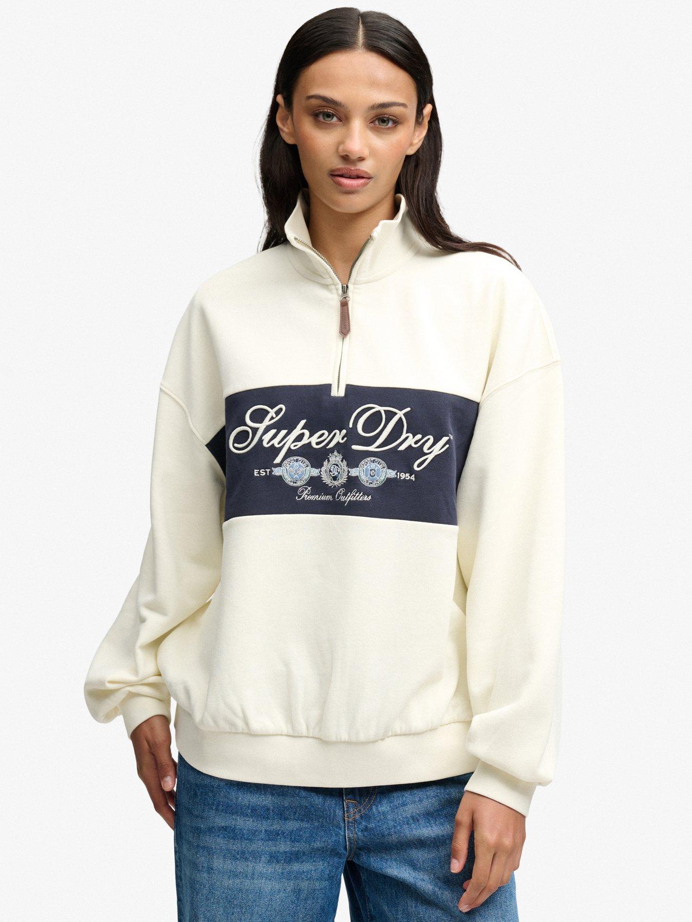 Image 1 of 7 of Superdry Womens Ornate Script Half-Zip Funnel Neck Sweatshirt - Cream