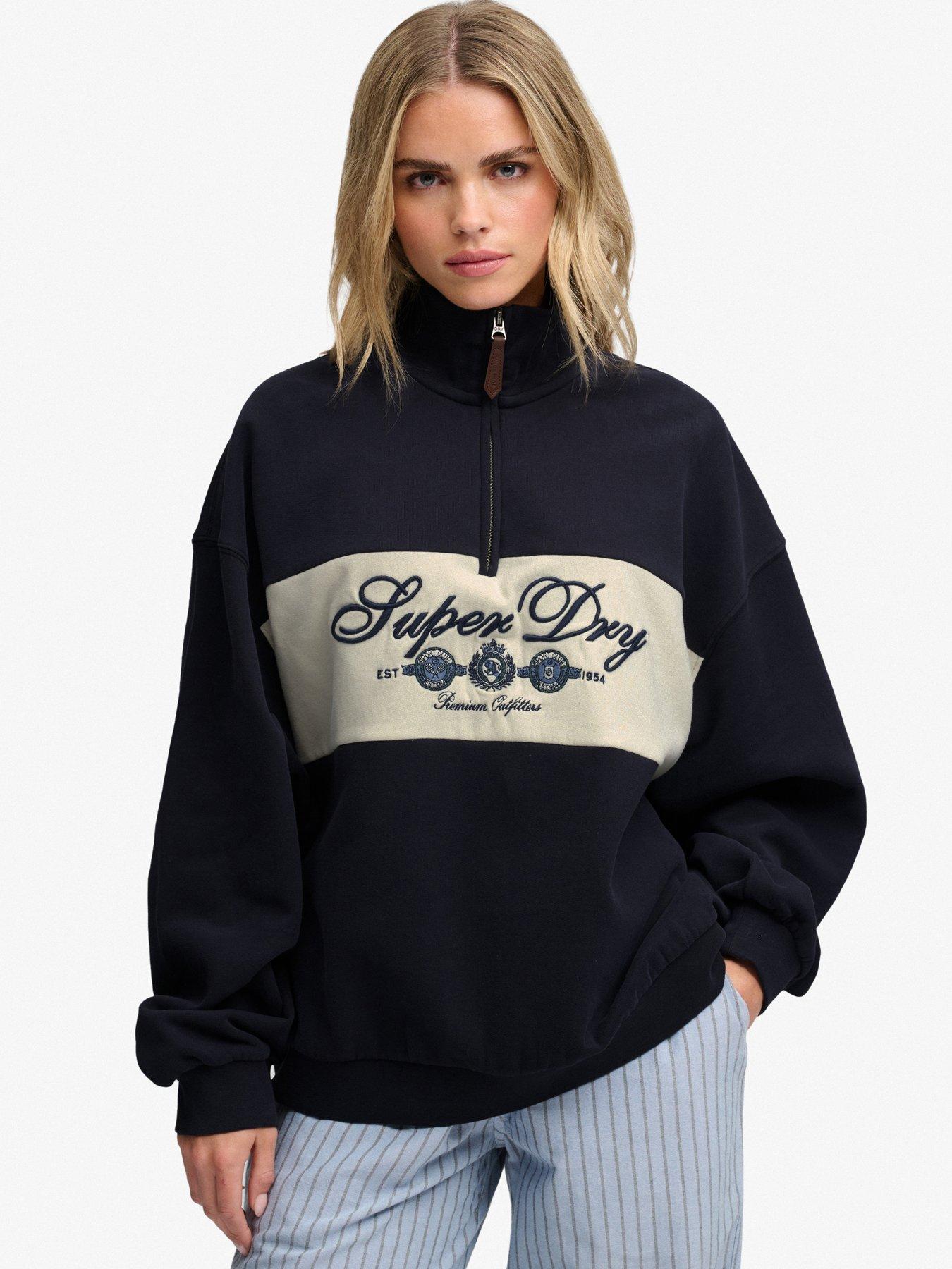 Image 1 of 7 of Superdry Womens Ornate Script Oversized Half-Zip Sweatshirt - Blue