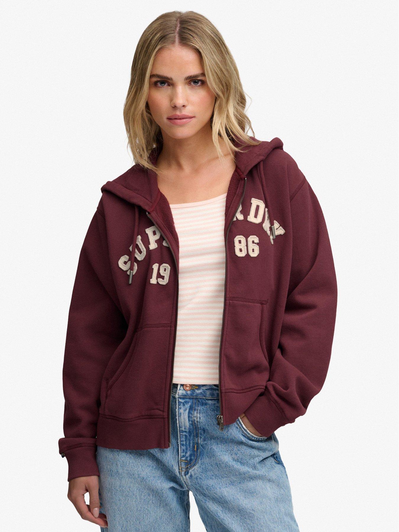 Image 1 of 7 of Superdry Womens Athletic Essentials Relaxed Cropped Zip Hoodie - Red