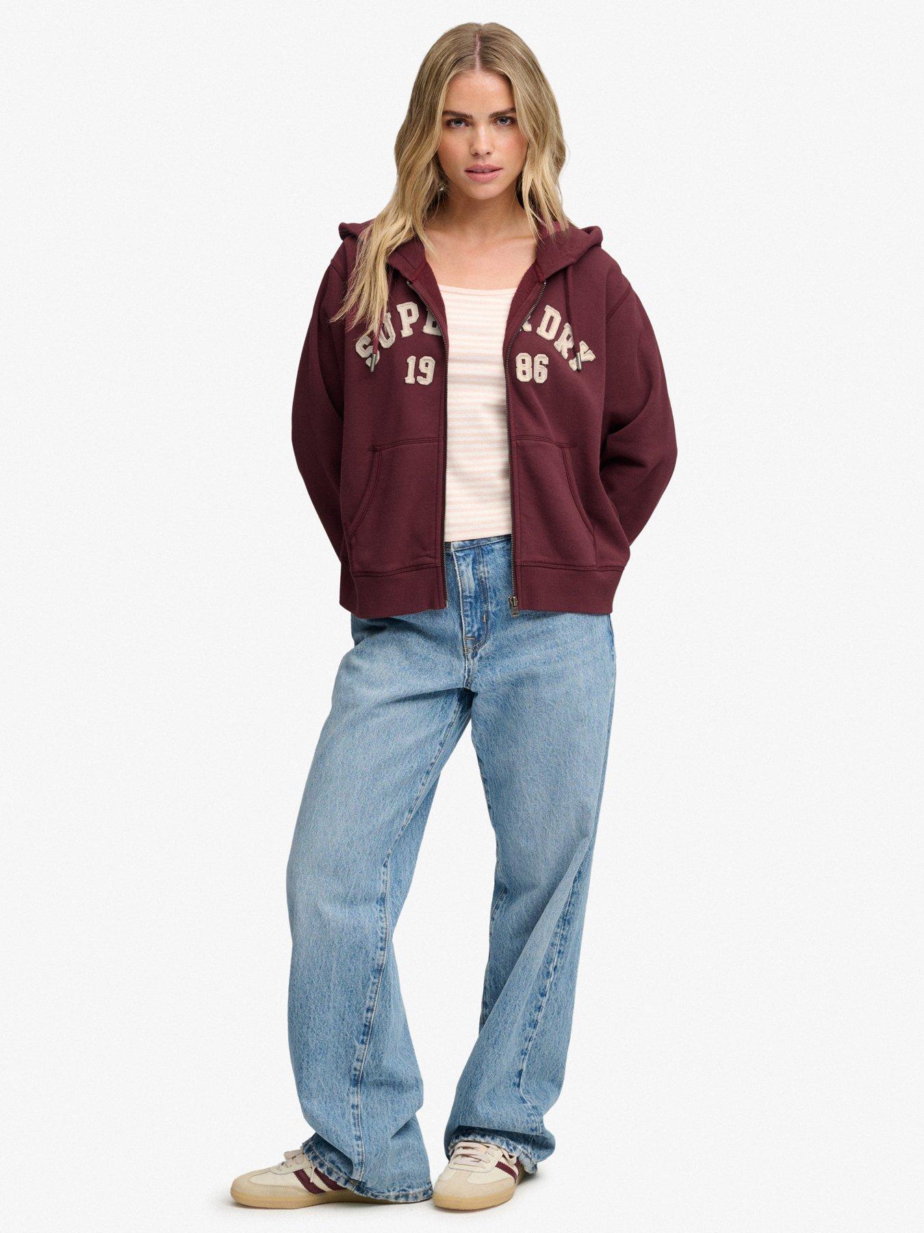 Image 3 of 7 of Superdry Womens Athletic Essentials Relaxed Cropped Zip Hoodie - Red