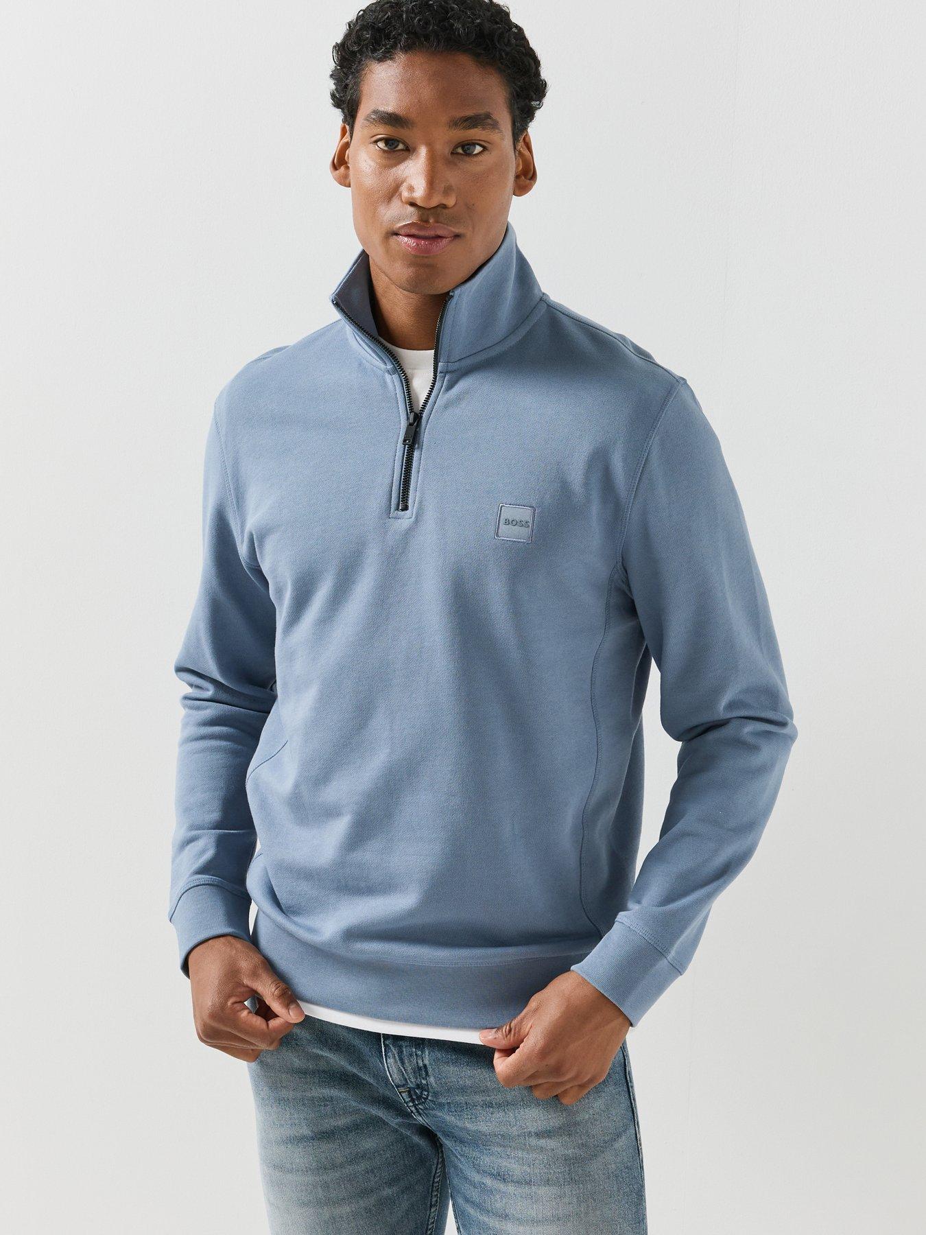 Image 1 of 5 of BOSS Mens Zetrust Quarter-Zip Cotton Sweatshirt - Blue