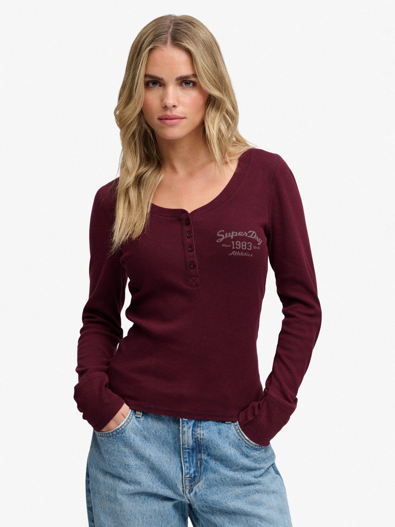 Image 1 of 7 of Superdry Womens Athletic Button Front Ribbed Long Sleeve Top - Red