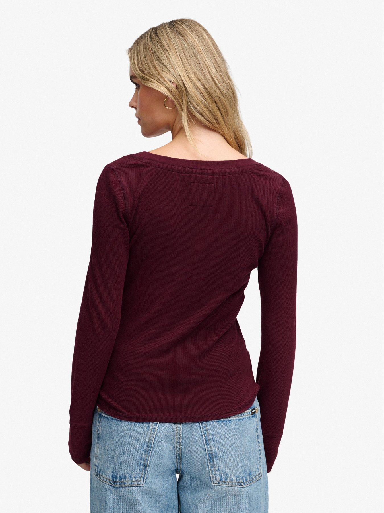 Image 2 of 7 of Superdry Womens Athletic Button Front Ribbed Long Sleeve Top - Red