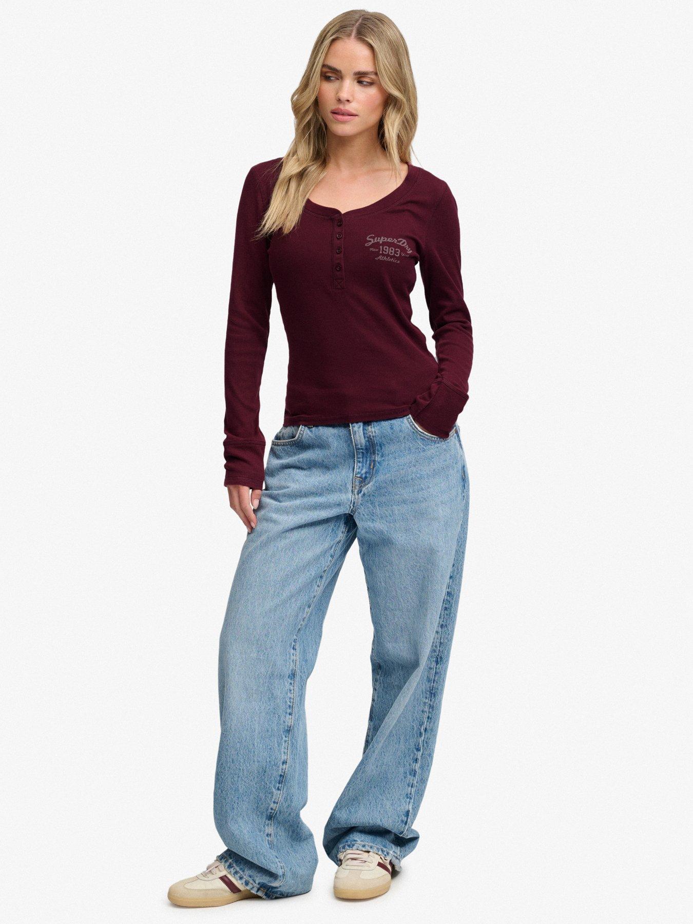 Image 3 of 7 of Superdry Womens Athletic Button Front Ribbed Long Sleeve Top - Red