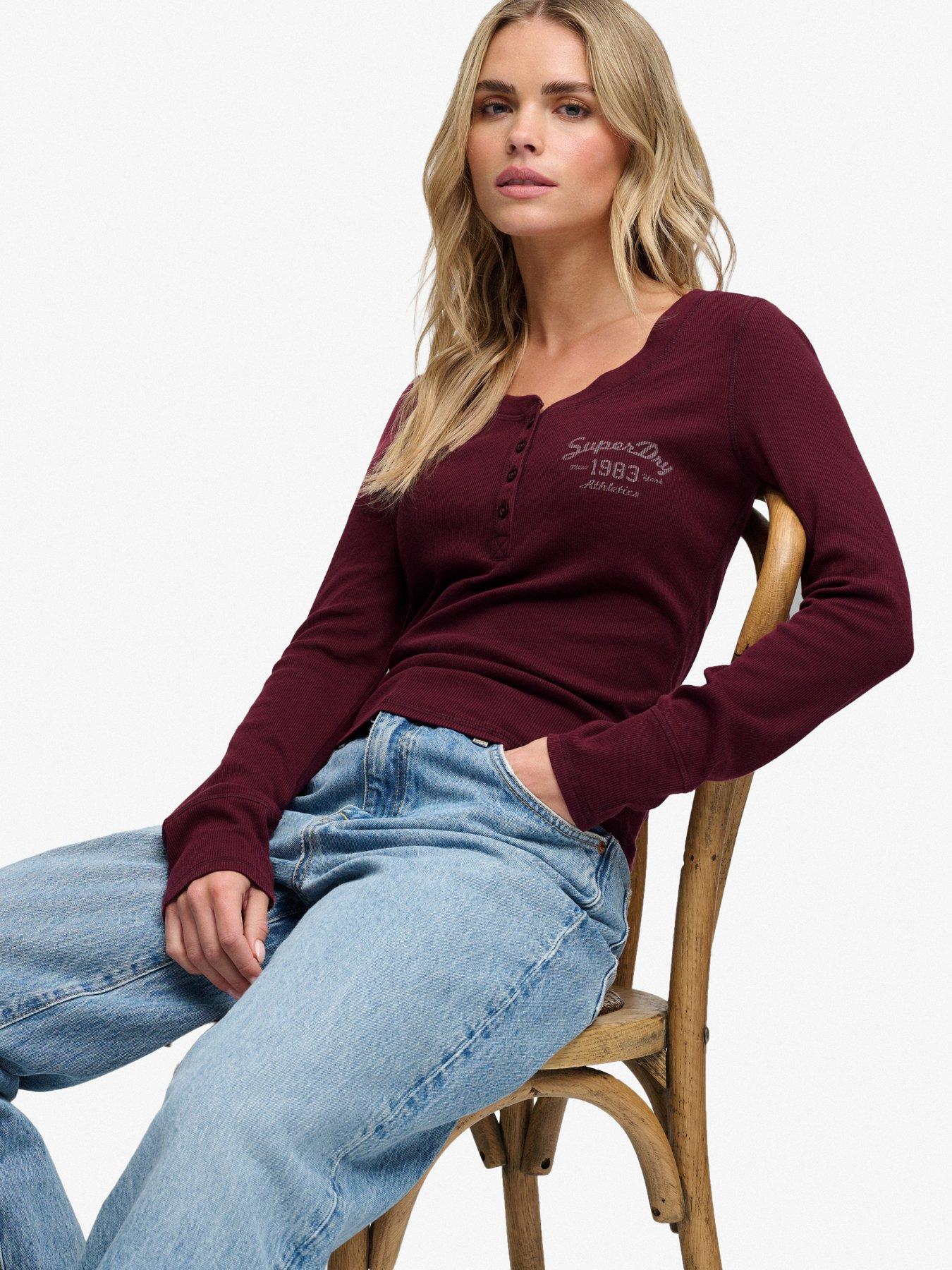 Image 4 of 7 of Superdry Womens Athletic Button Front Ribbed Long Sleeve Top - Red