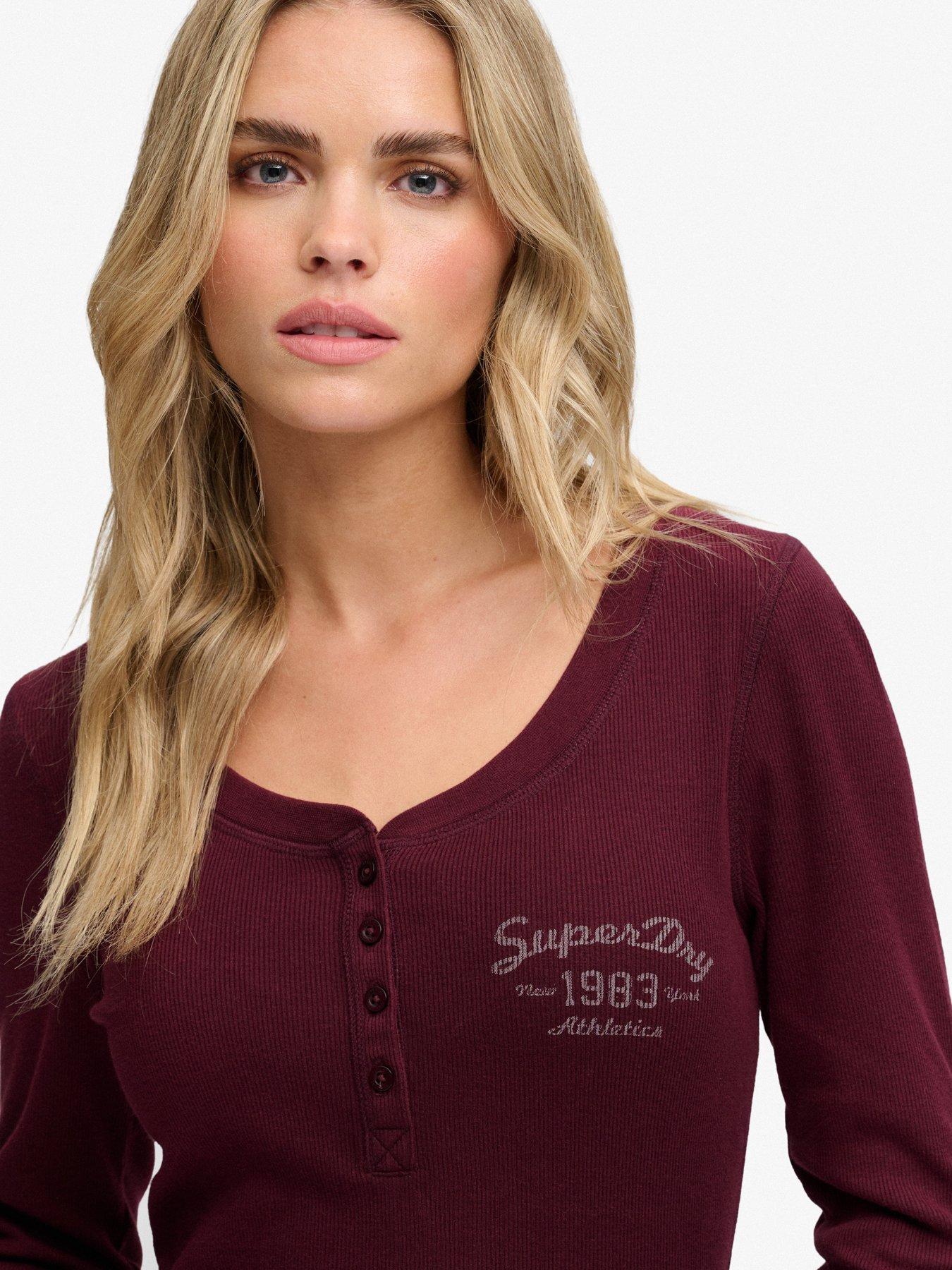 Image 5 of 7 of Superdry Womens Athletic Button Front Ribbed Long Sleeve Top - Red