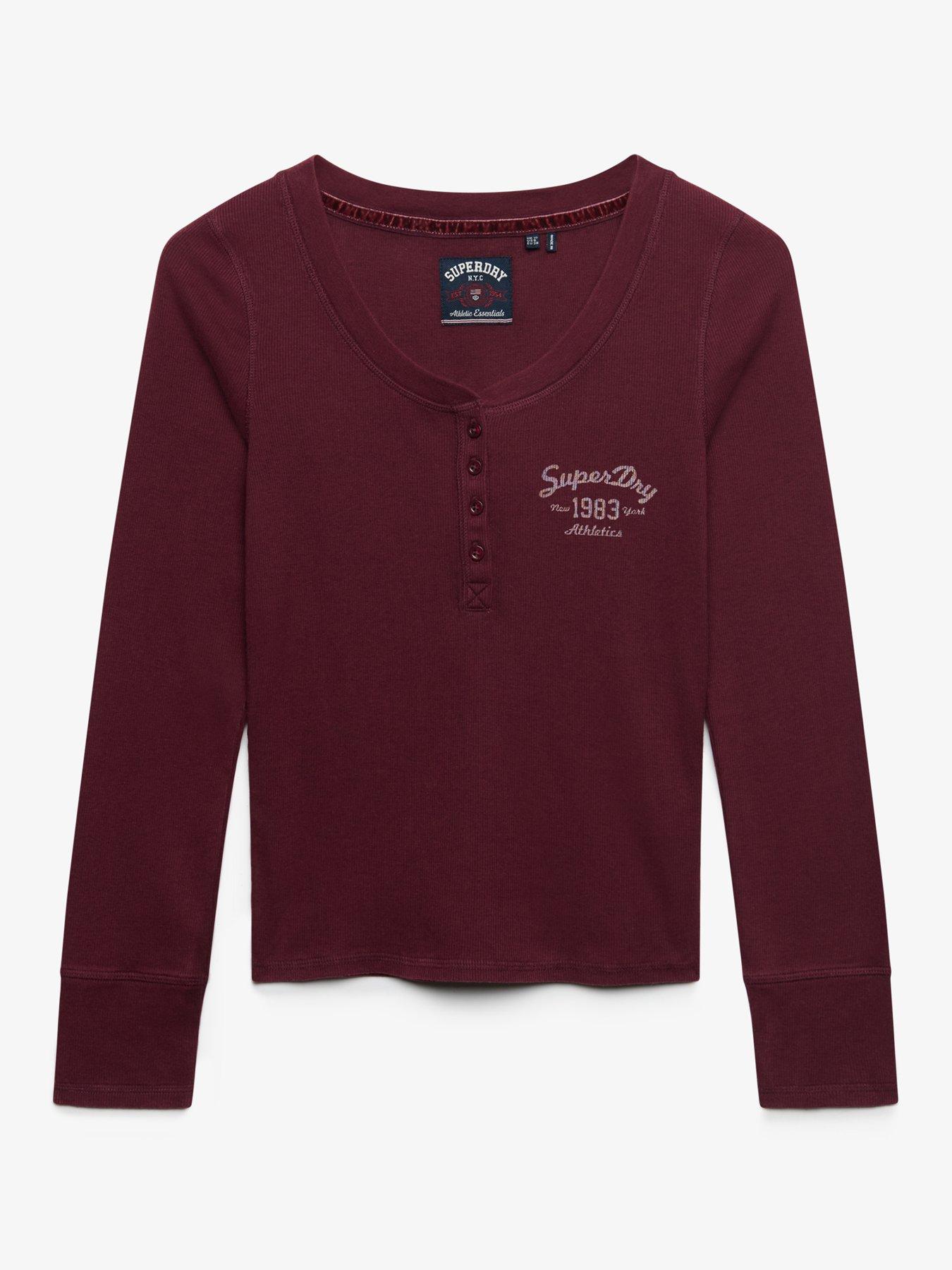 Image 7 of 7 of Superdry Womens Athletic Button Front Ribbed Long Sleeve Top - Red