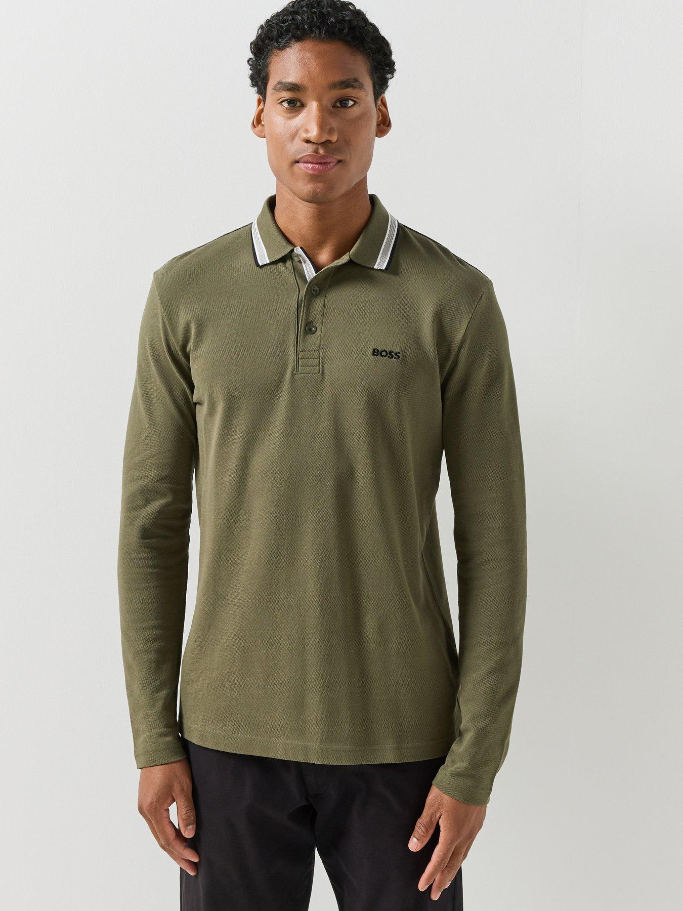 Image 1 of 6 of BOSS Mens Plisy Regular Fit Long Sleeve Polo Shirt - Green