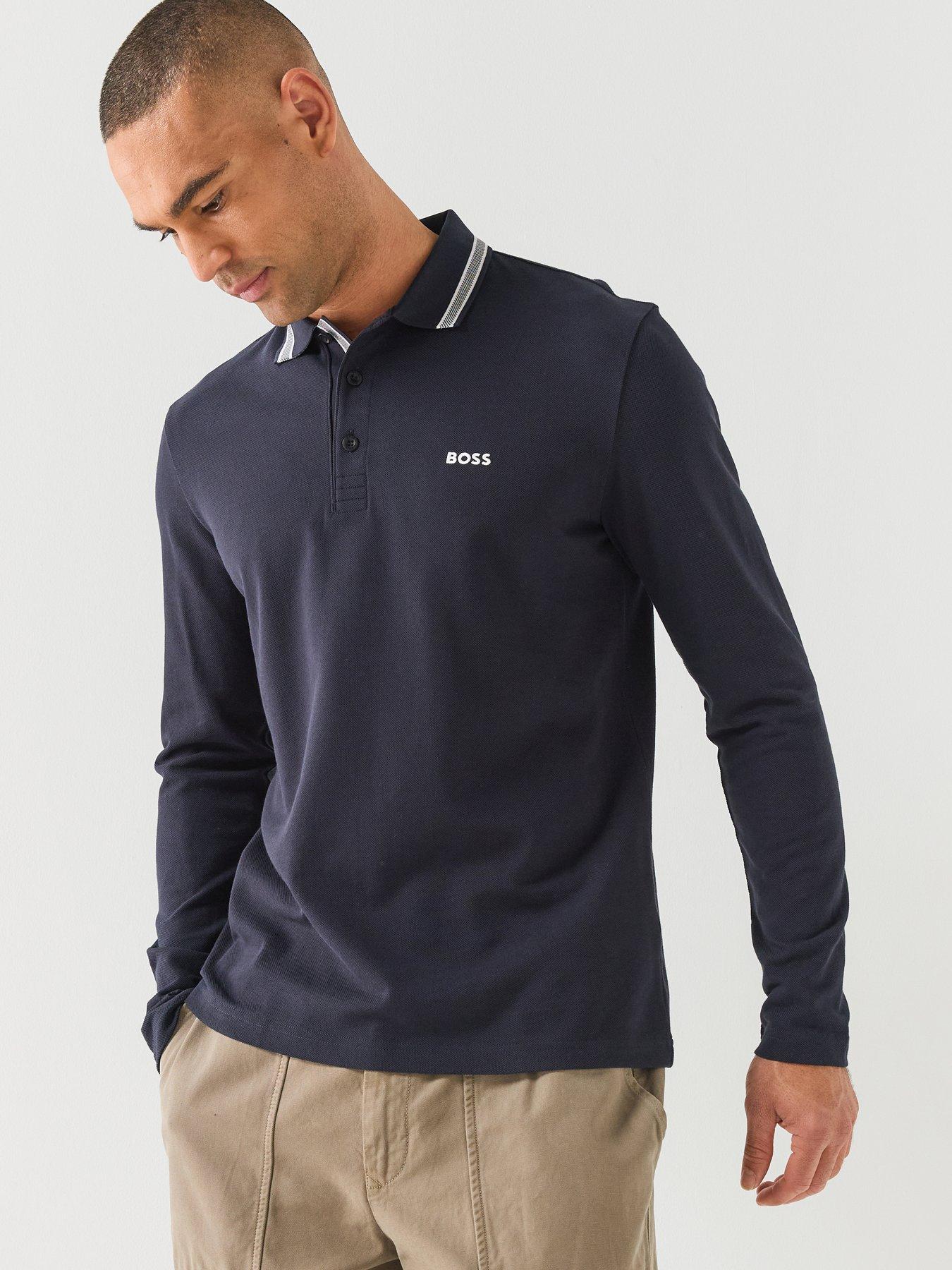 Image 1 of 5 of BOSS Boss Plisy Regular Fit Long Sleeve Polo Shirt - Navy