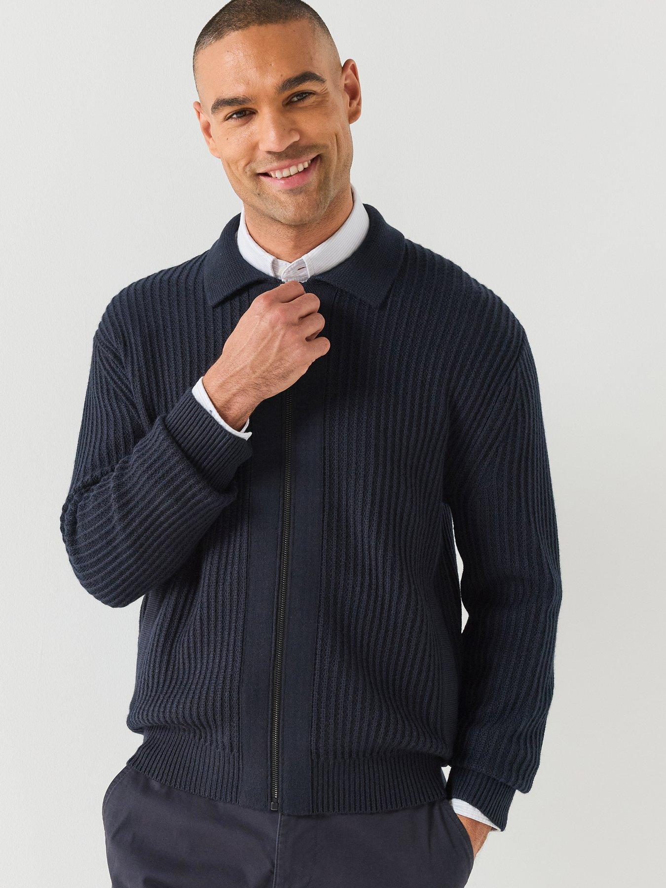 Image 1 of 6 of BOSS Mens Aspeno Ribbed Zip Through Cardigan - Blue