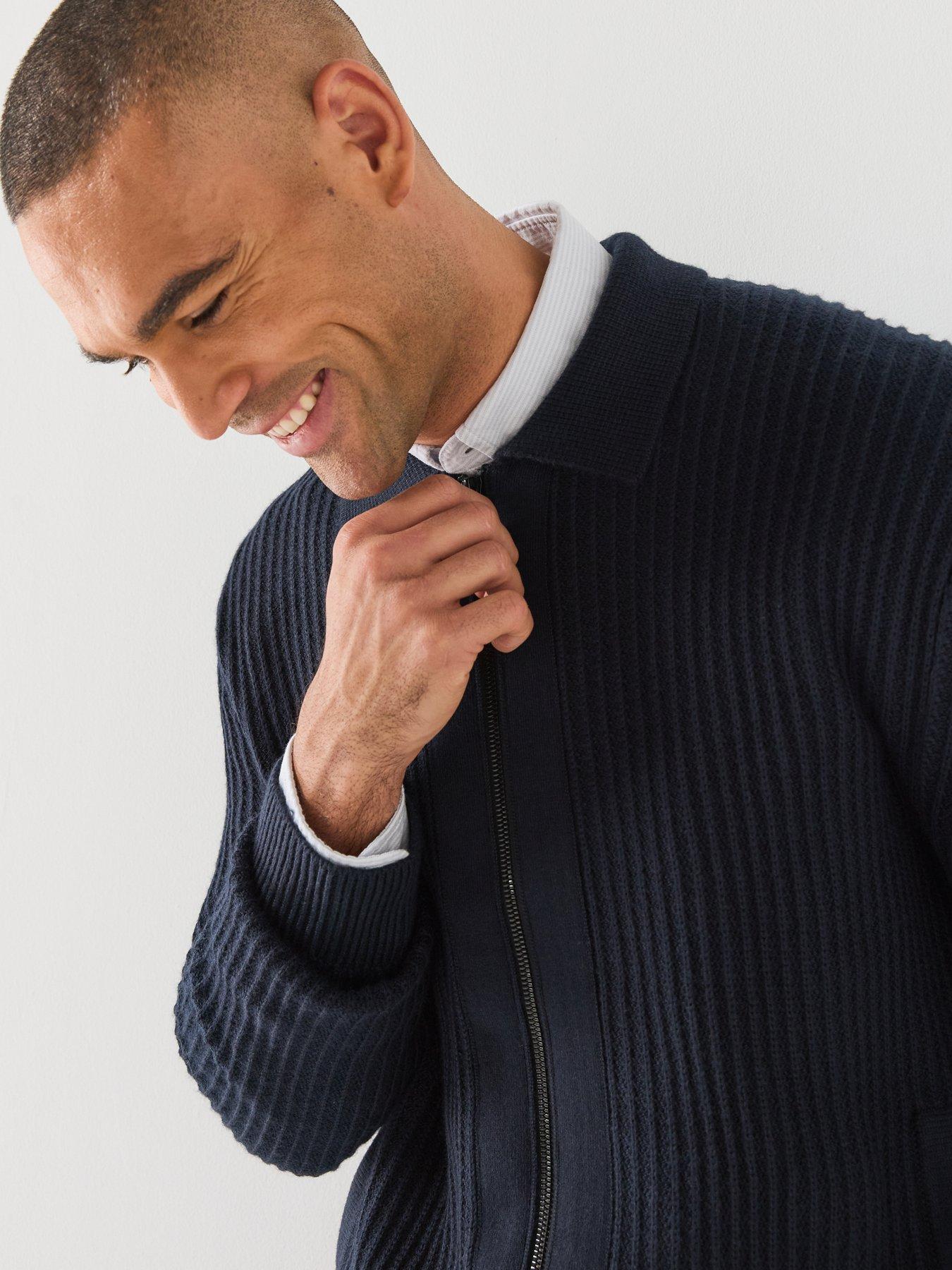 Image 4 of 6 of BOSS Mens Aspeno Ribbed Zip Through Cardigan - Blue
