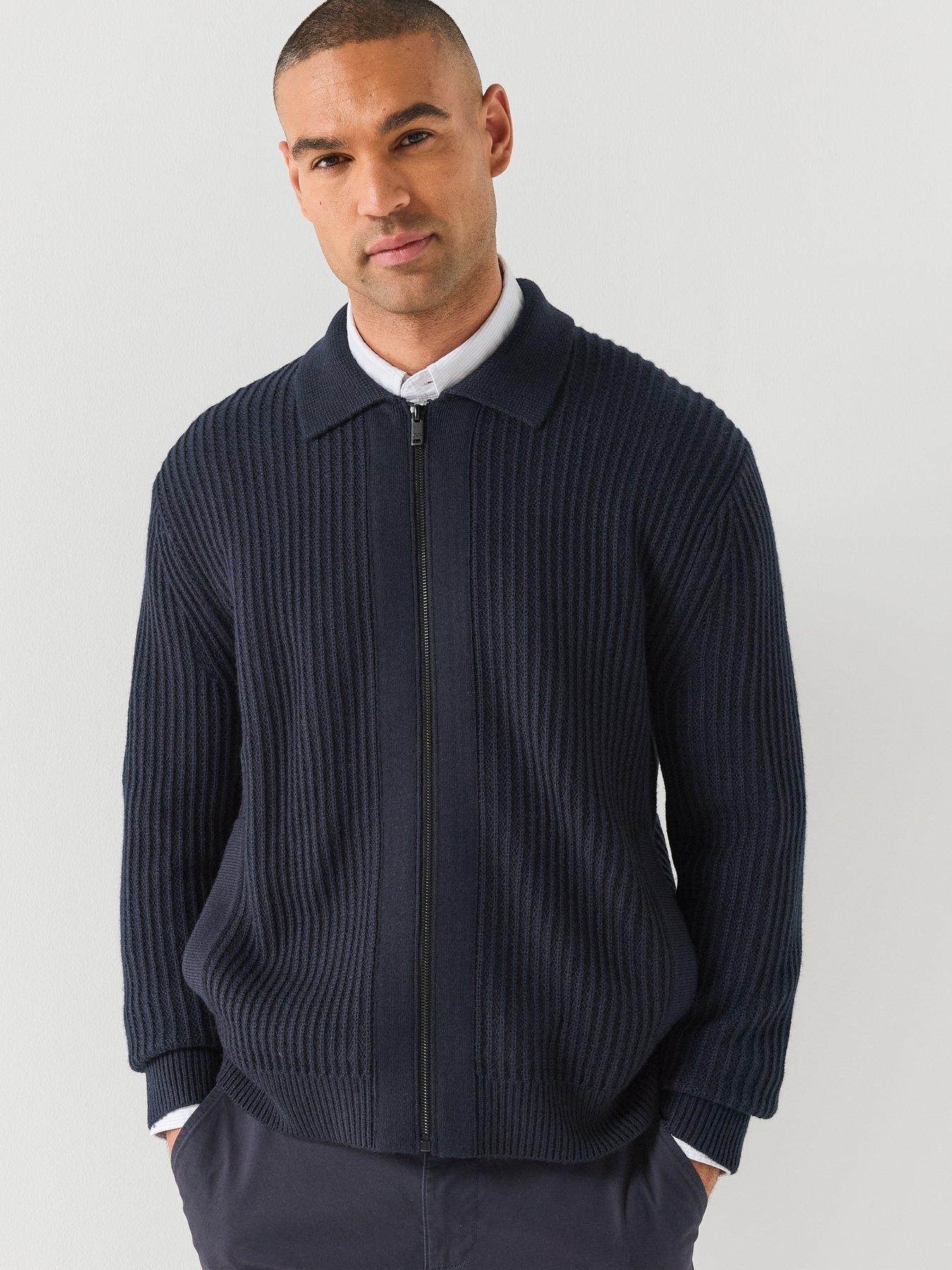 Image 5 of 6 of BOSS Mens Aspeno Ribbed Zip Through Cardigan - Blue