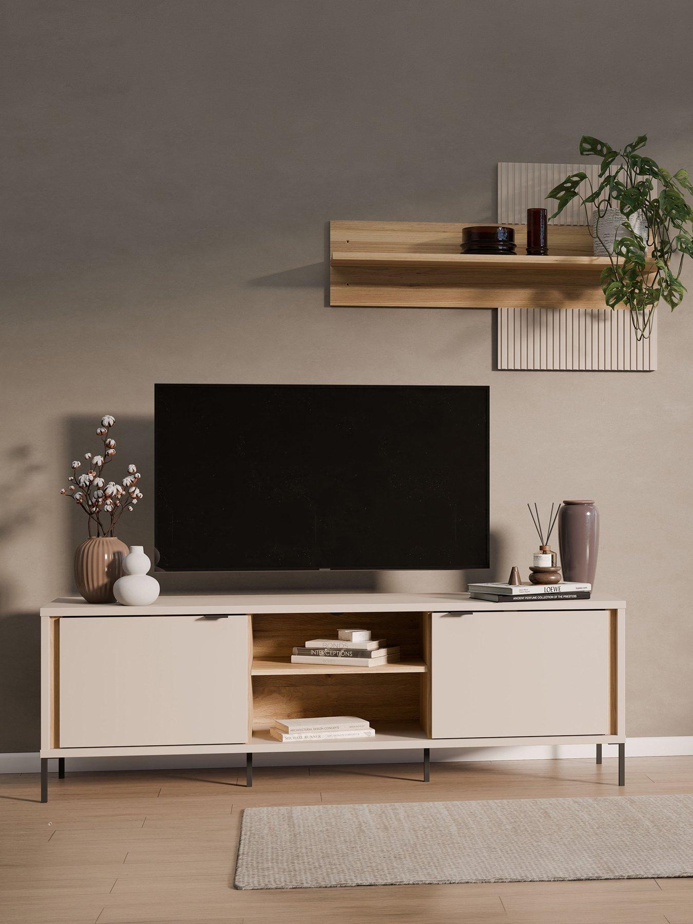 Image 1 of 7 of Seravel 2 Piece&nbsp;Package - TV&nbsp;Unit and Wall Shelf - Sand/Oak (Buy &amp; SAVE)