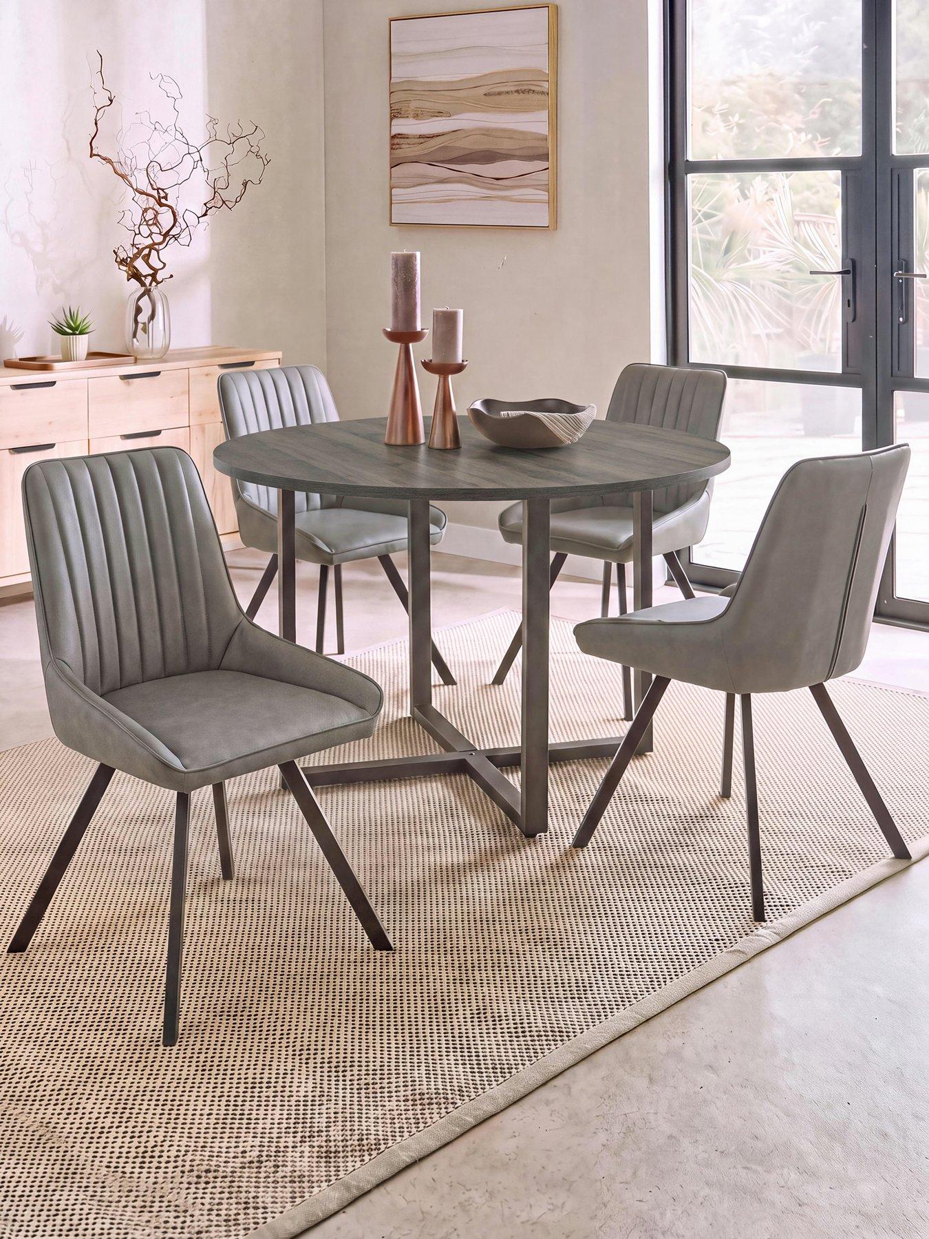 The Very Collection Harlem Black Oak Round Dining Table With 4 Marlow Faux Leather Grey Chairs - FSC® Certified