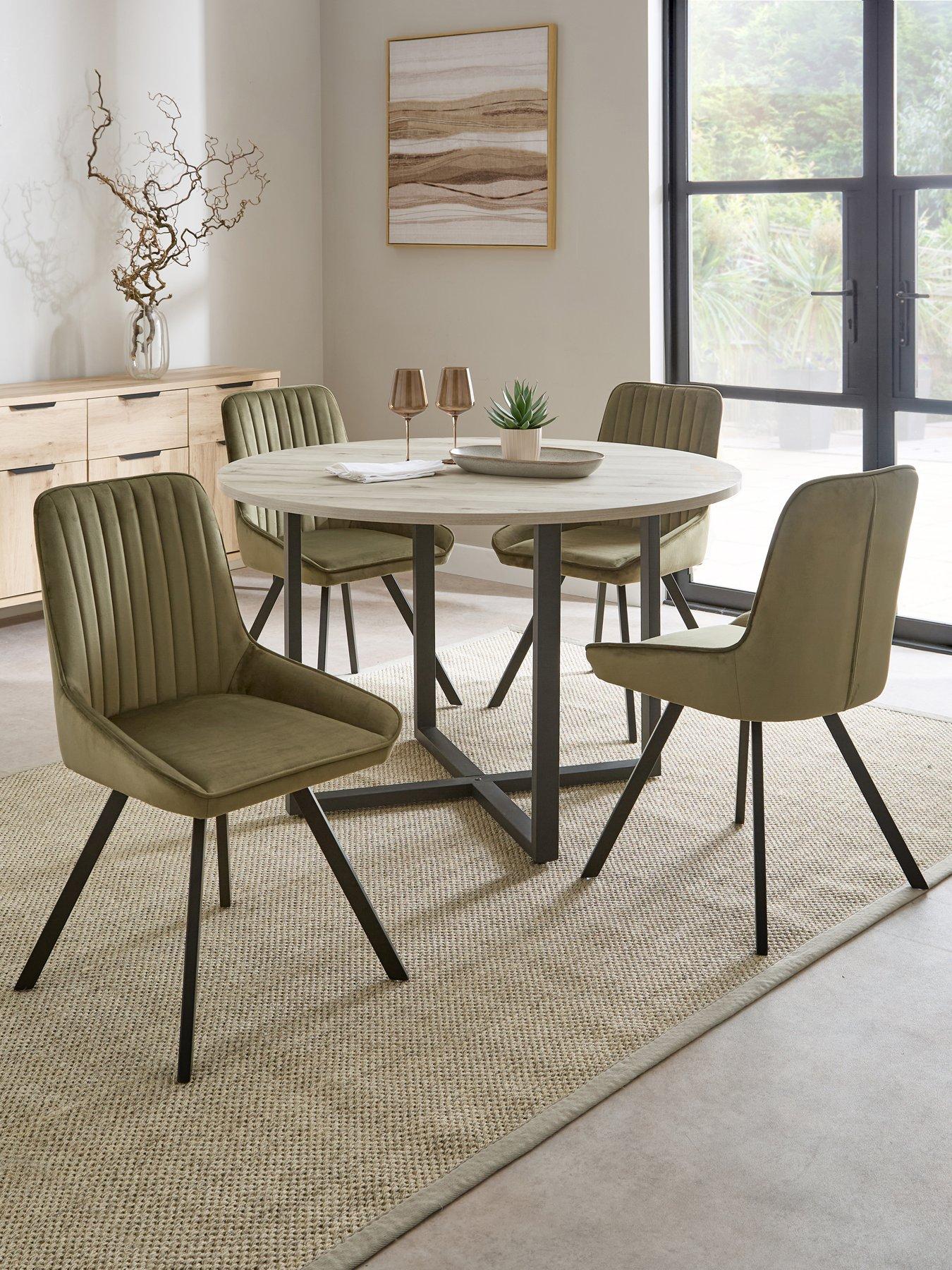 Image 1 of 7 of The Very Collection Harlem Grey Oak Round Dining Table With 4 Marlow Moss Green Chairs