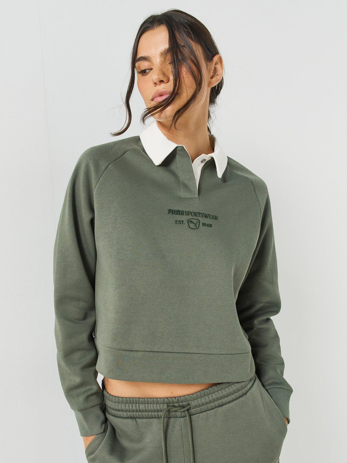 Image 1 of 5 of Puma Womens Class Relaxed Long Sleeve Contrast Collar Polo Shirt - Green
