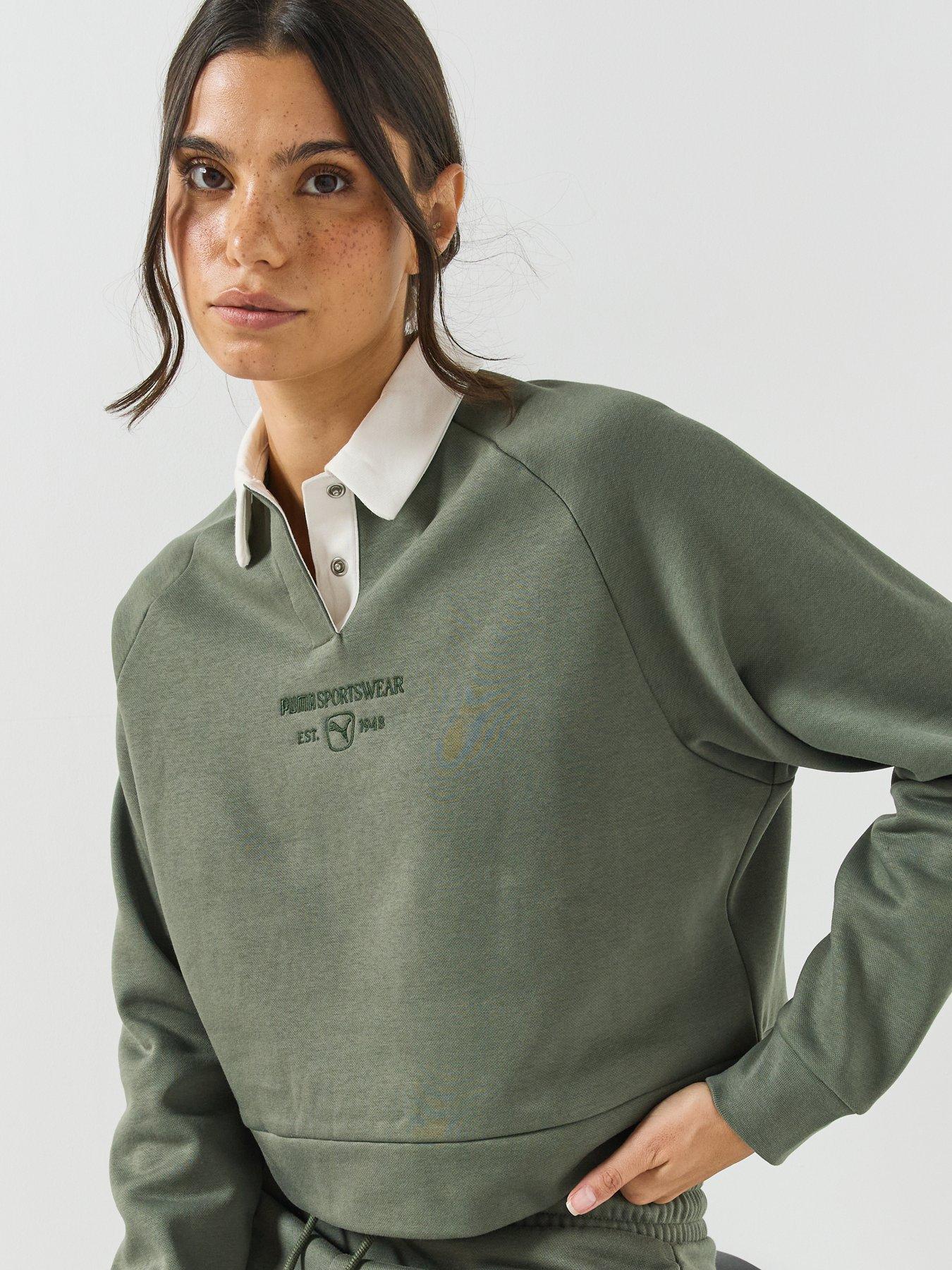 Image 4 of 5 of Puma Womens Class Relaxed Long Sleeve Contrast Collar Polo Shirt - Green