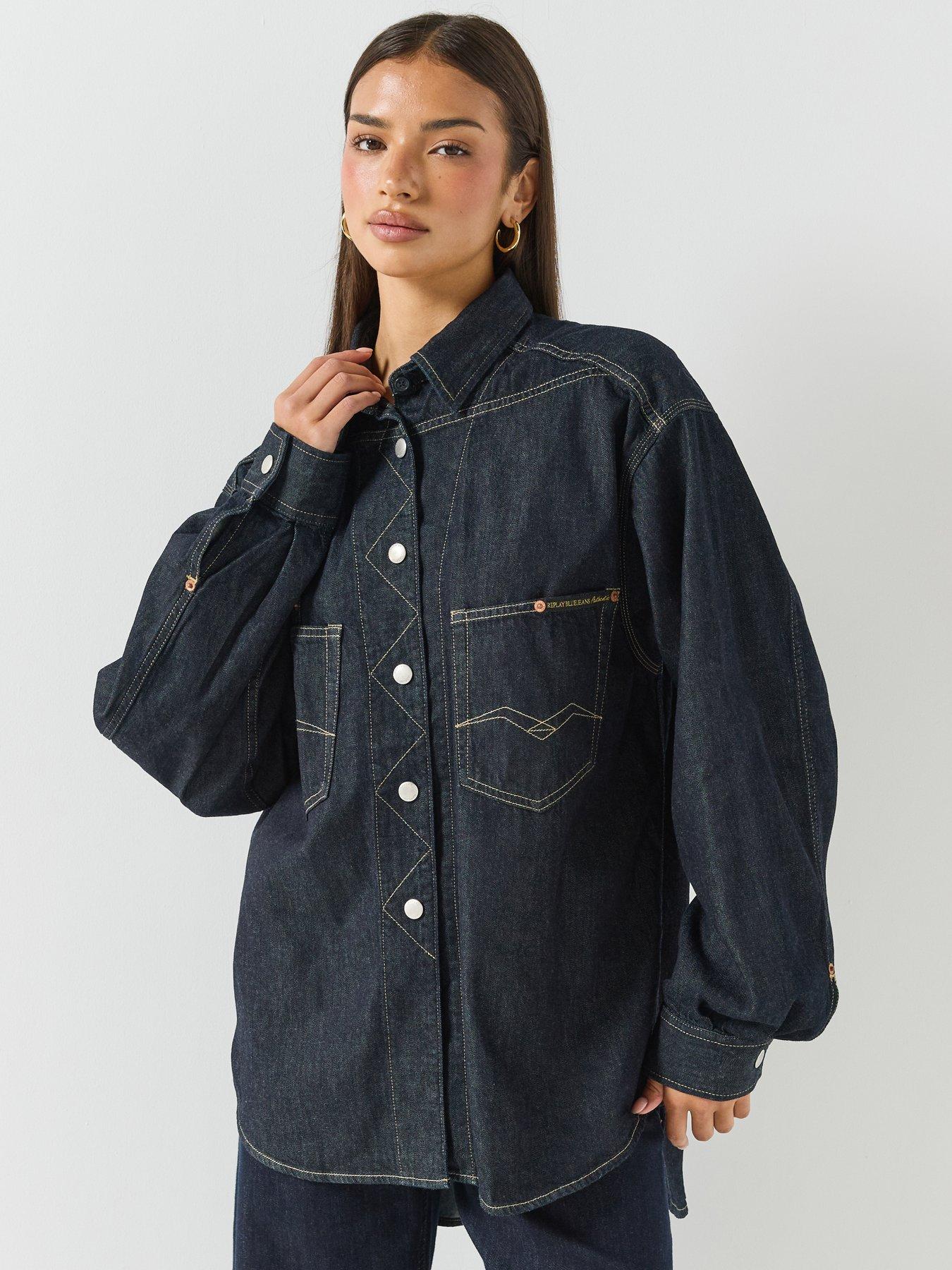 Image 1 of 6 of Replay Womens Oversized Longline Denim Shirt - Blue