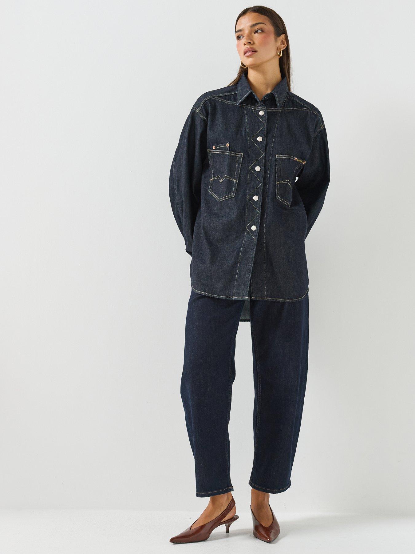 Image 3 of 6 of Replay Womens Oversized Longline Denim Shirt - Blue
