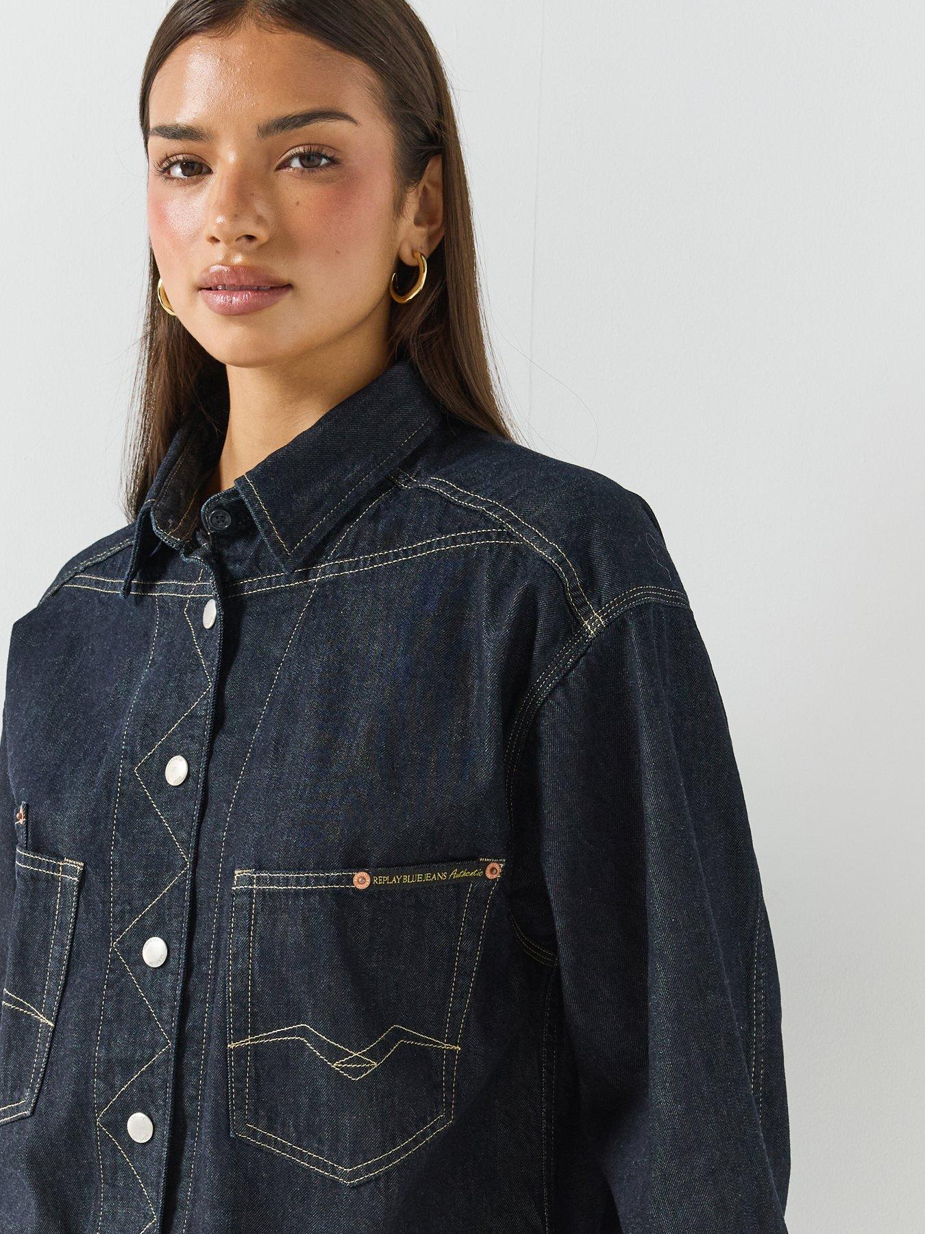Image 5 of 6 of Replay Womens Oversized Longline Denim Shirt - Blue