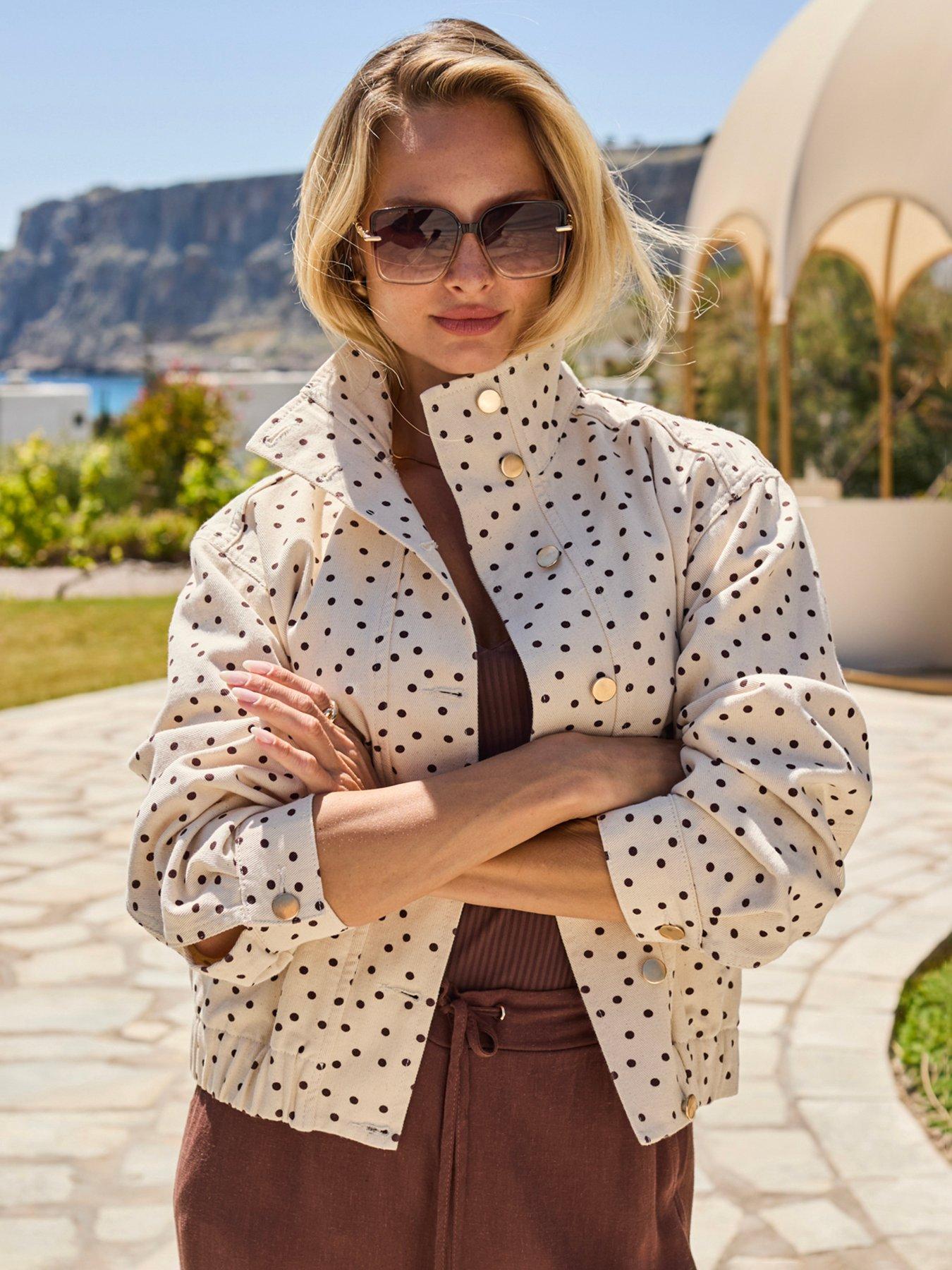 Sosandar Polka Dot Funnel Neck Denim Jacket - Cream
