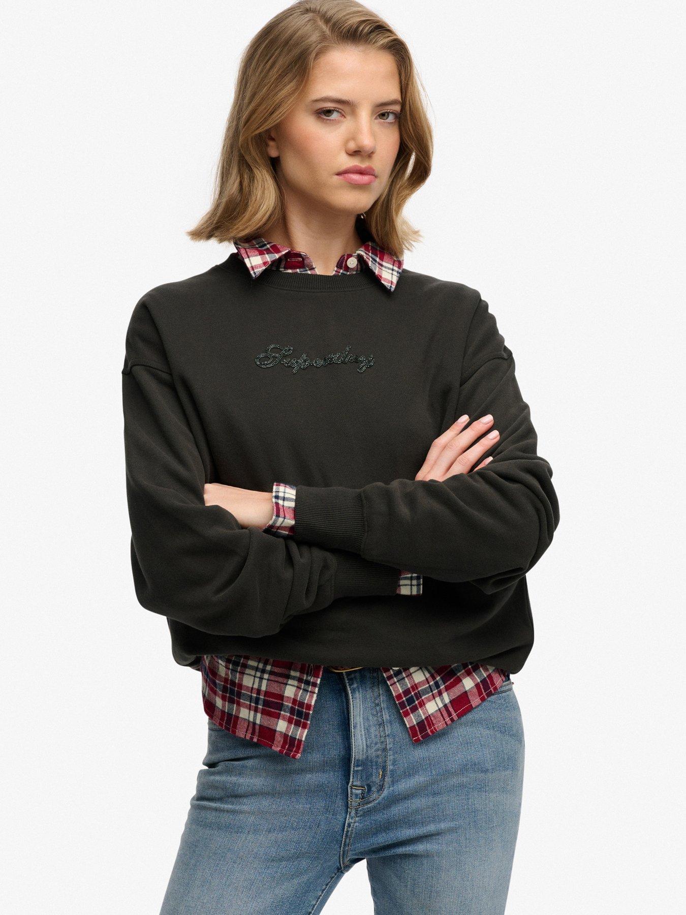 Image 1 of 6 of Superdry Script Brand Loose Crew Sweatshirt - Black