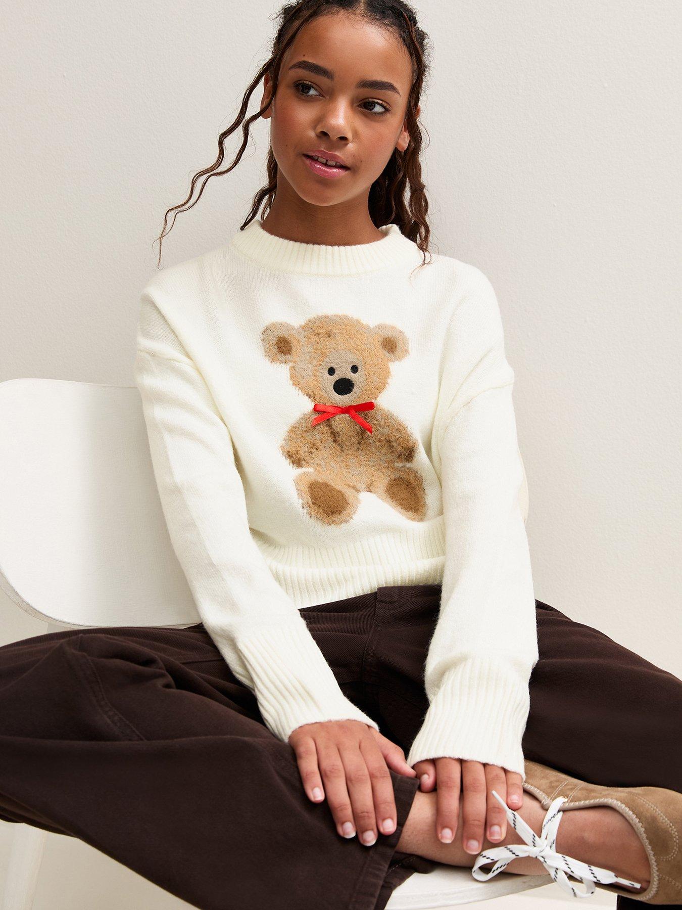 Image 1 of 5 of New Look 915 Girls Off White Knitted Bear Bow Jumper