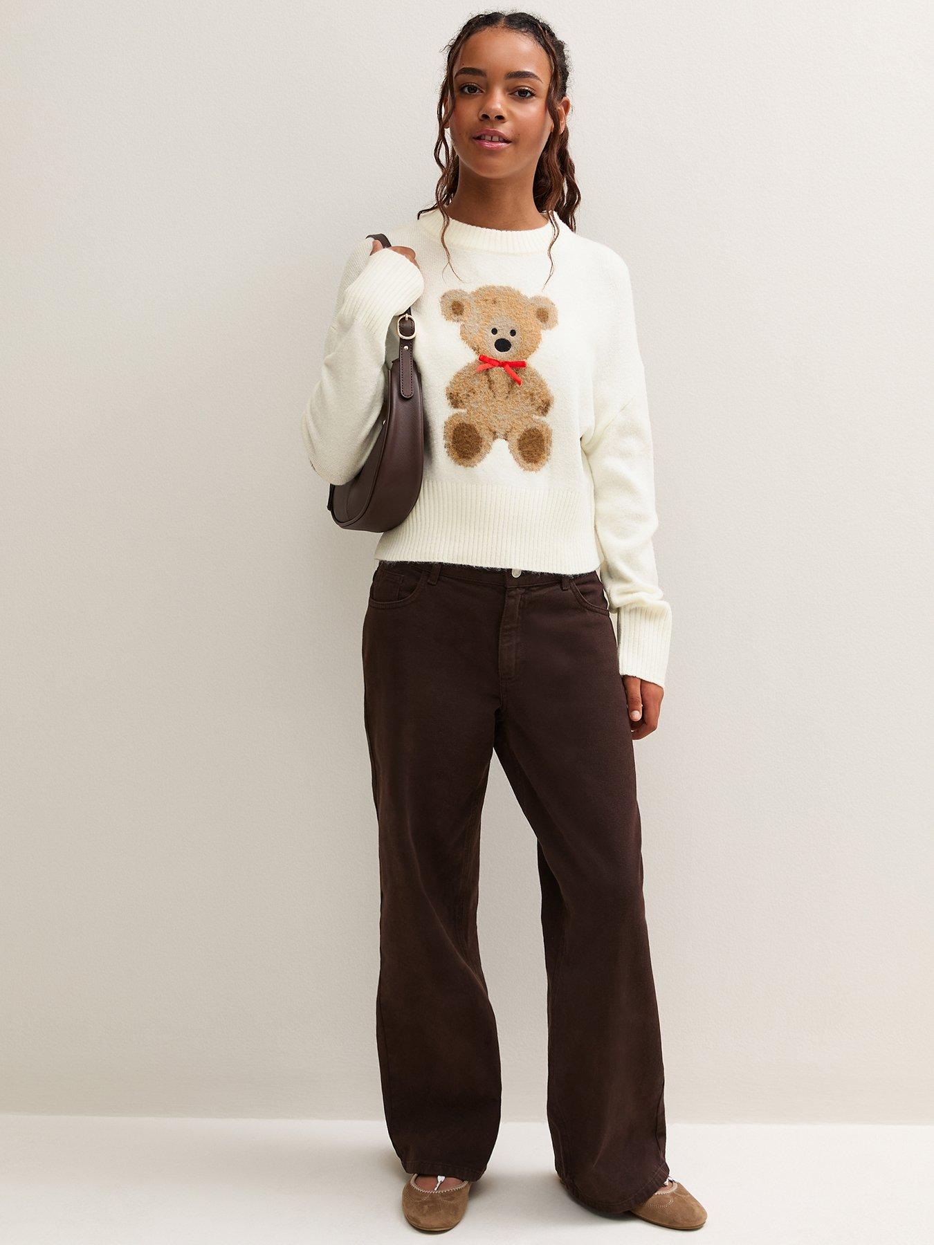 Image 3 of 5 of New Look 915 Girls Off White Knitted Bear Bow Jumper