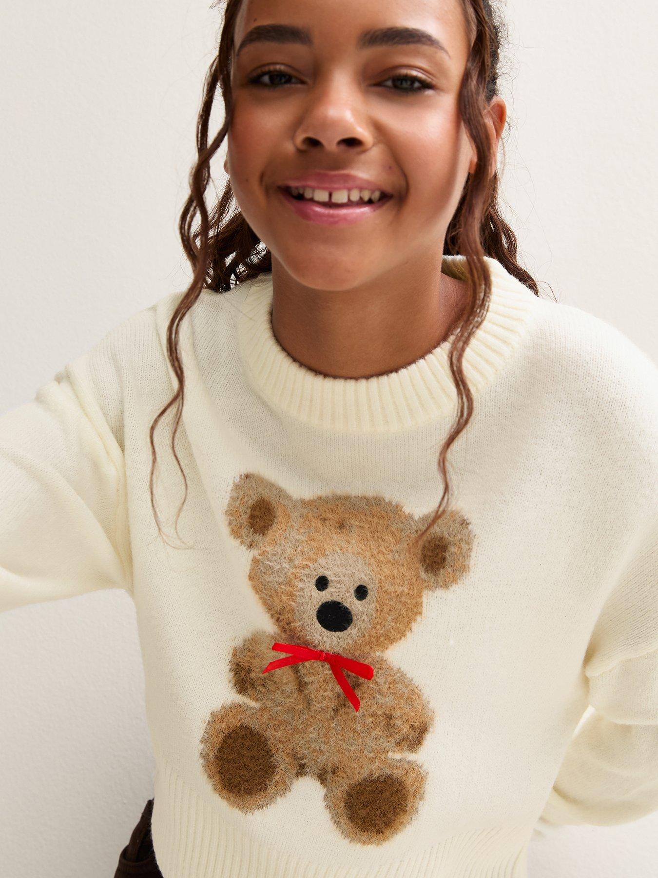 Image 4 of 5 of New Look 915 Girls Off White Knitted Bear Bow Jumper