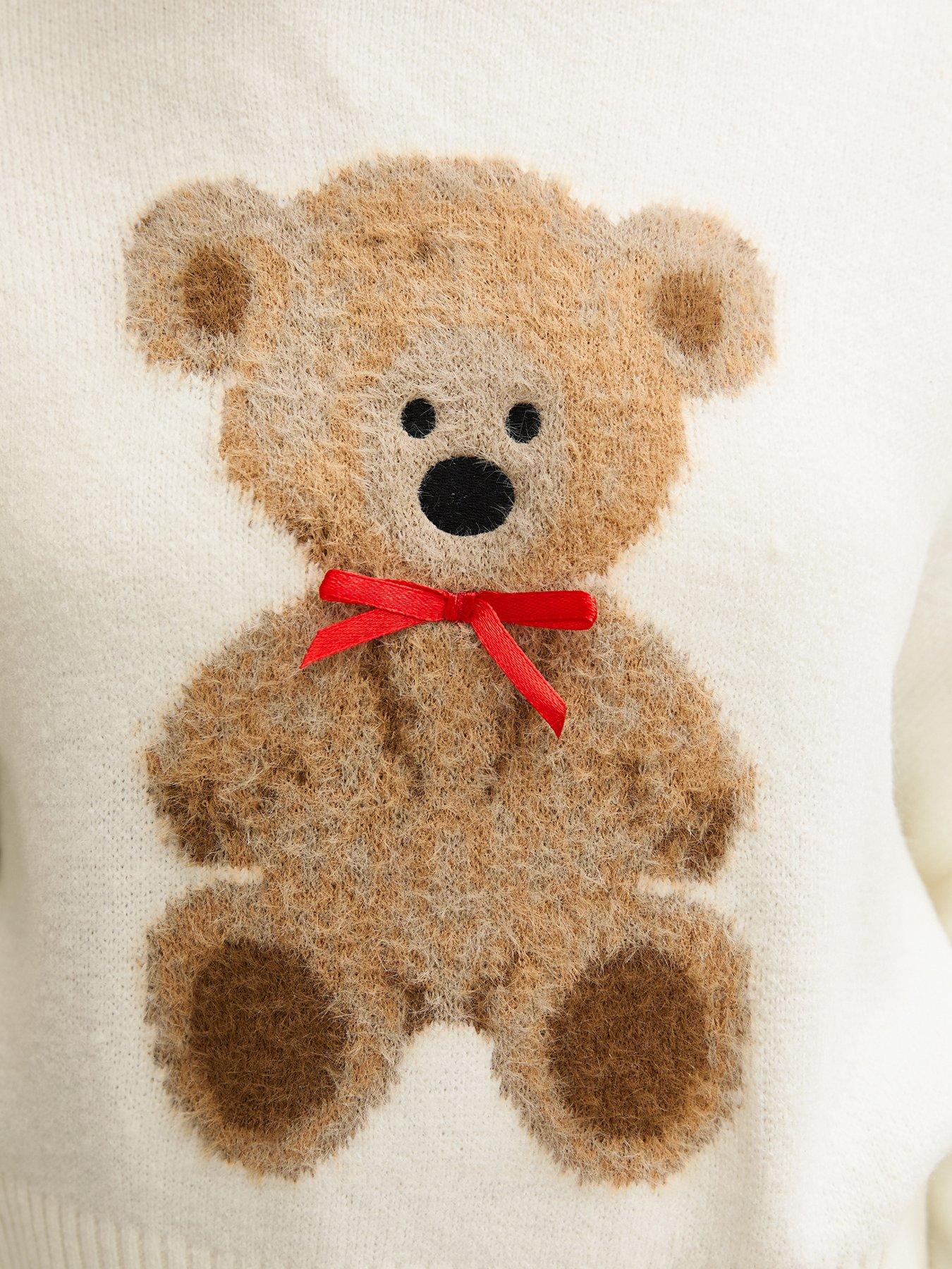 Image 5 of 5 of New Look 915 Girls Off White Knitted Bear Bow Jumper