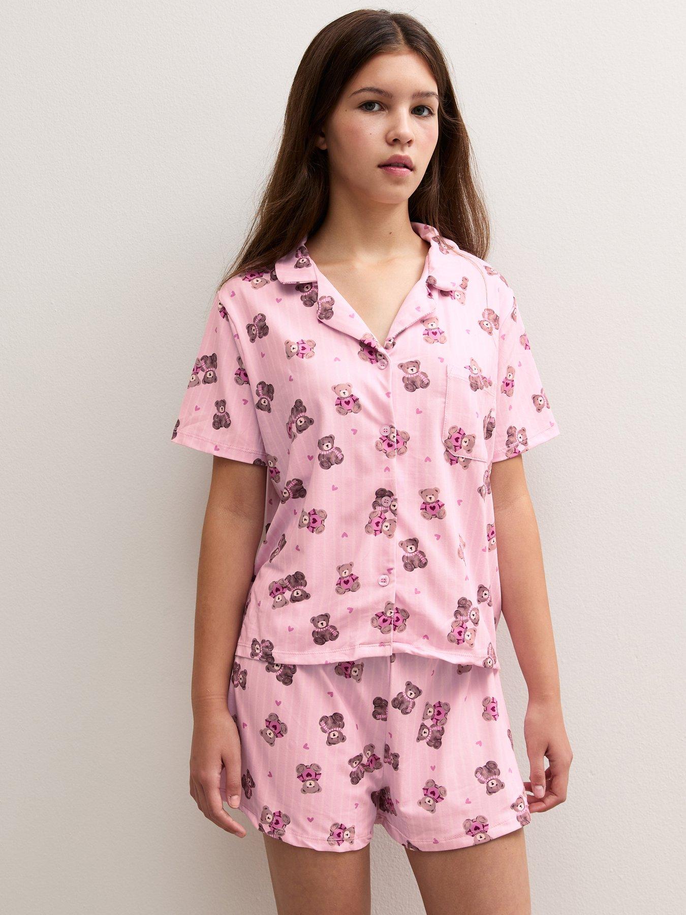 Image 1 of 5 of New Look 915 Girls Teddy Bear Print Button Through Pyjama Set - Pink