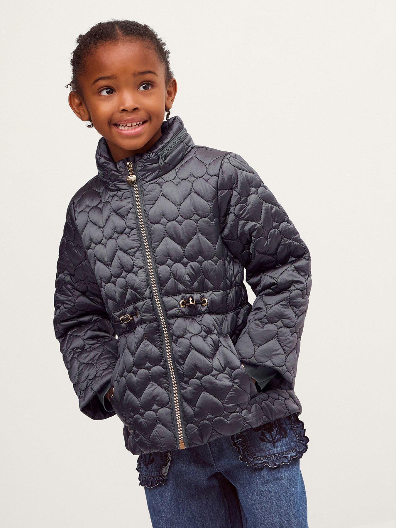 Monsoon Girls Lightweight Heart Quilted Metallic Coat, Blue, Size 11-12 Years