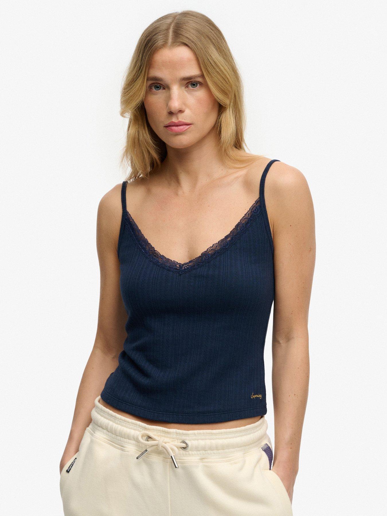 Image 1 of 6 of Superdry Athletic Essentials V Neck Pointelle Cami Top - Navy